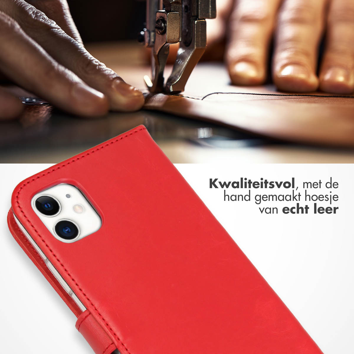 Custodia per telefono in pelle in fase di cucitura. Custodia in pelle rossa. Testo: Alta qualità, fatta a mano in vera pelle.