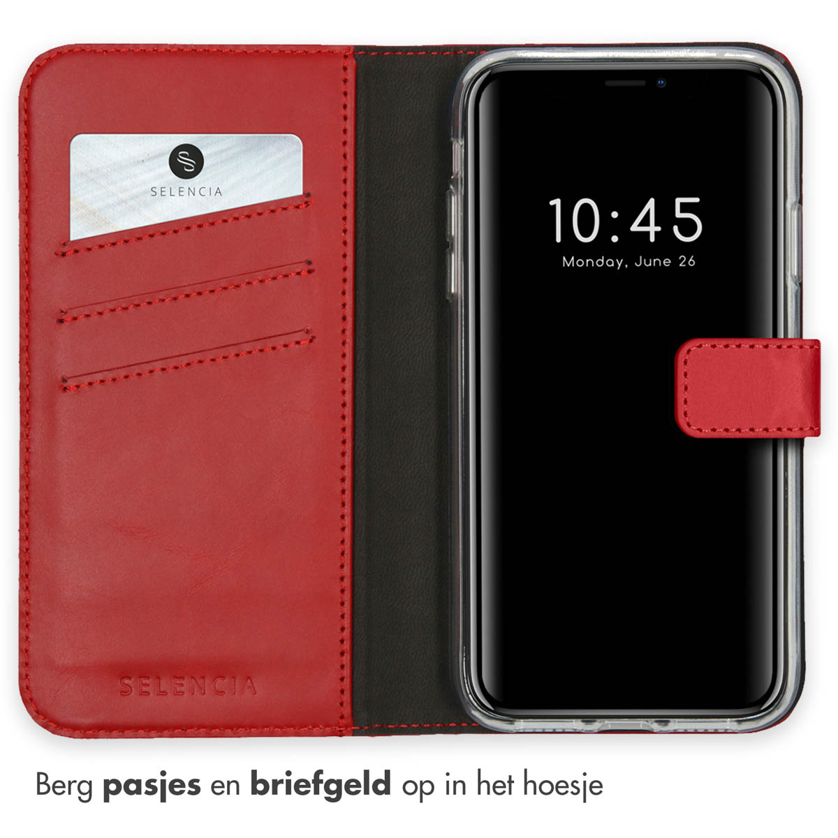 Étui de téléphone en cuir rouge avec un téléphone à l'intérieur. Affichage de l'heure. Emplacement pour carte visible.