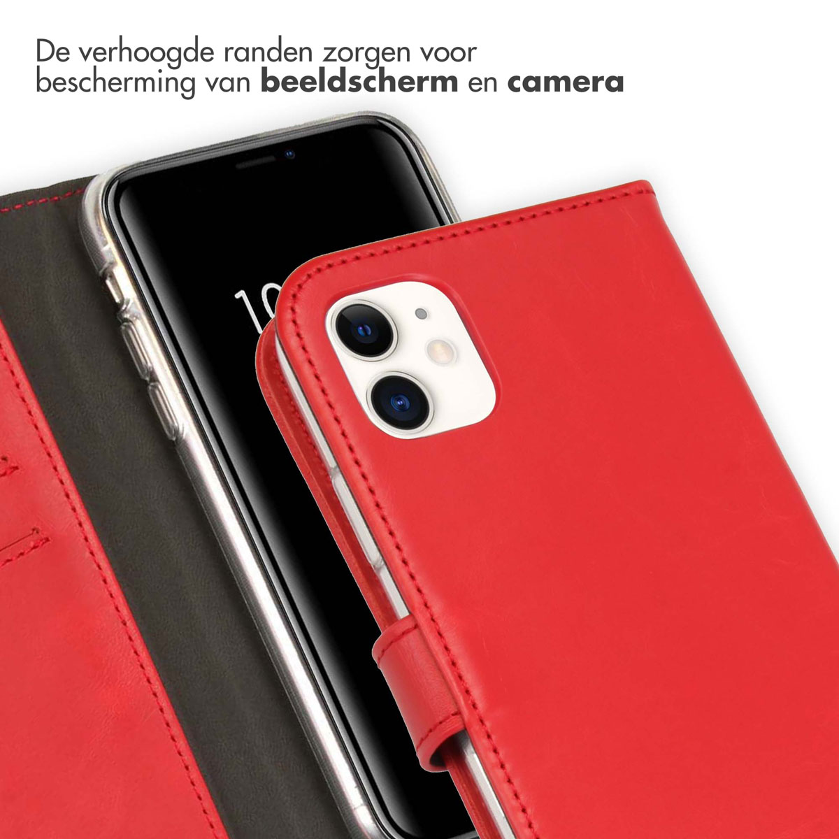 Étui de téléphone rouge avec un téléphone noir à l'intérieur. L'étui a une fermeture magnétique.