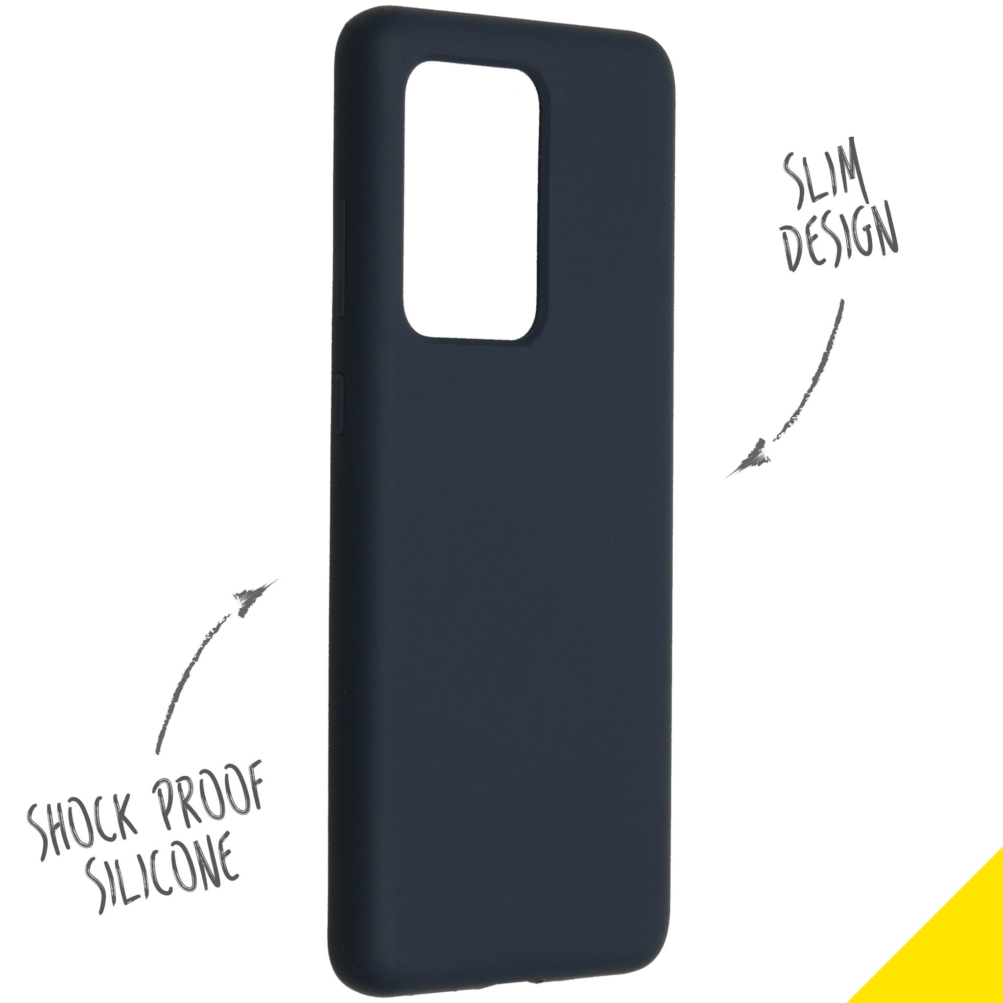 Een marineblauwe telefoonhoes met tekst: Schokbestendige siliconen, slank design.