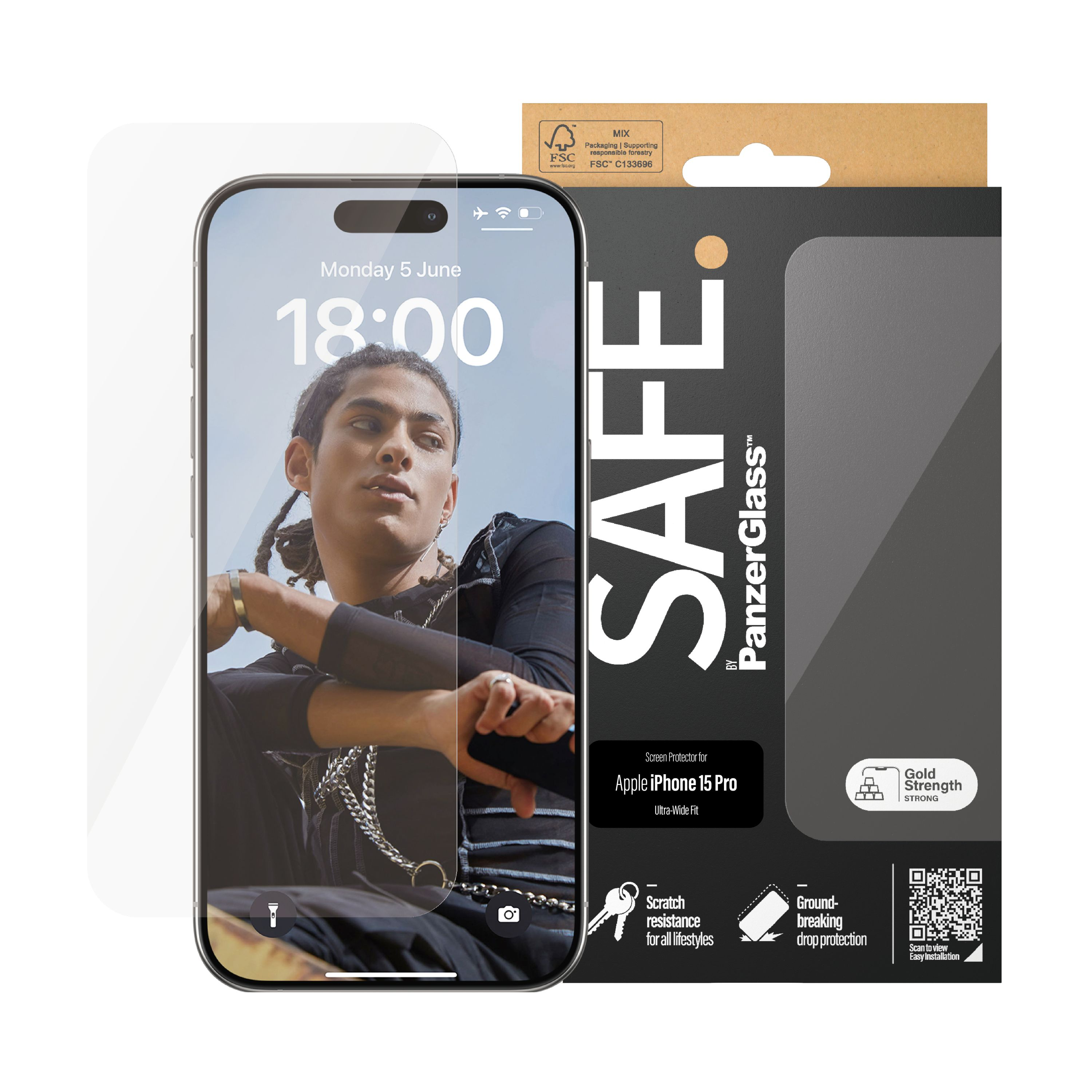 Una scatola di protezione dello schermo del telefono con il volto di un uomo e un telefono con la protezione.