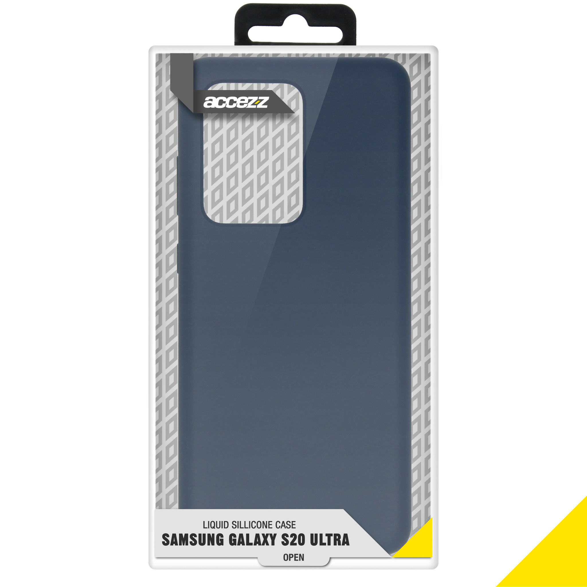 Marineblauwe Samsung S20 Ultra case in transparante doos met merknaam erboven.