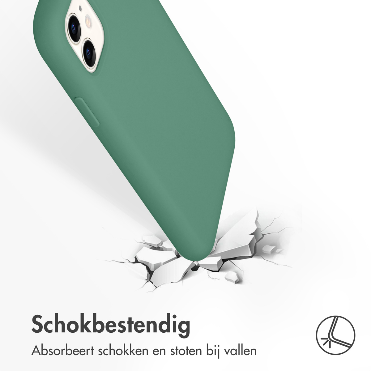 Groen telefoonhoesje dat een oppervlak breekt. Het oppervlak is gebarsten. Tekst zegt schokbestendig.