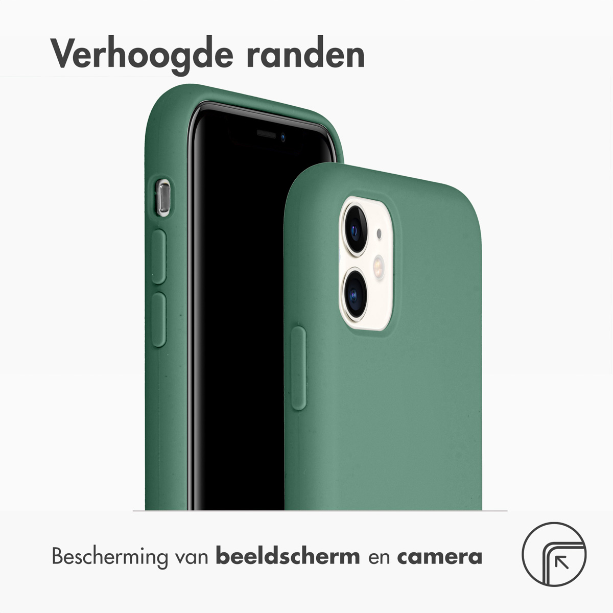 Groene telefoonhoes die een telefoon beschermt. Tekst: 'Verhoogde randen', 'Bescherming van beeldscherm en camera'.