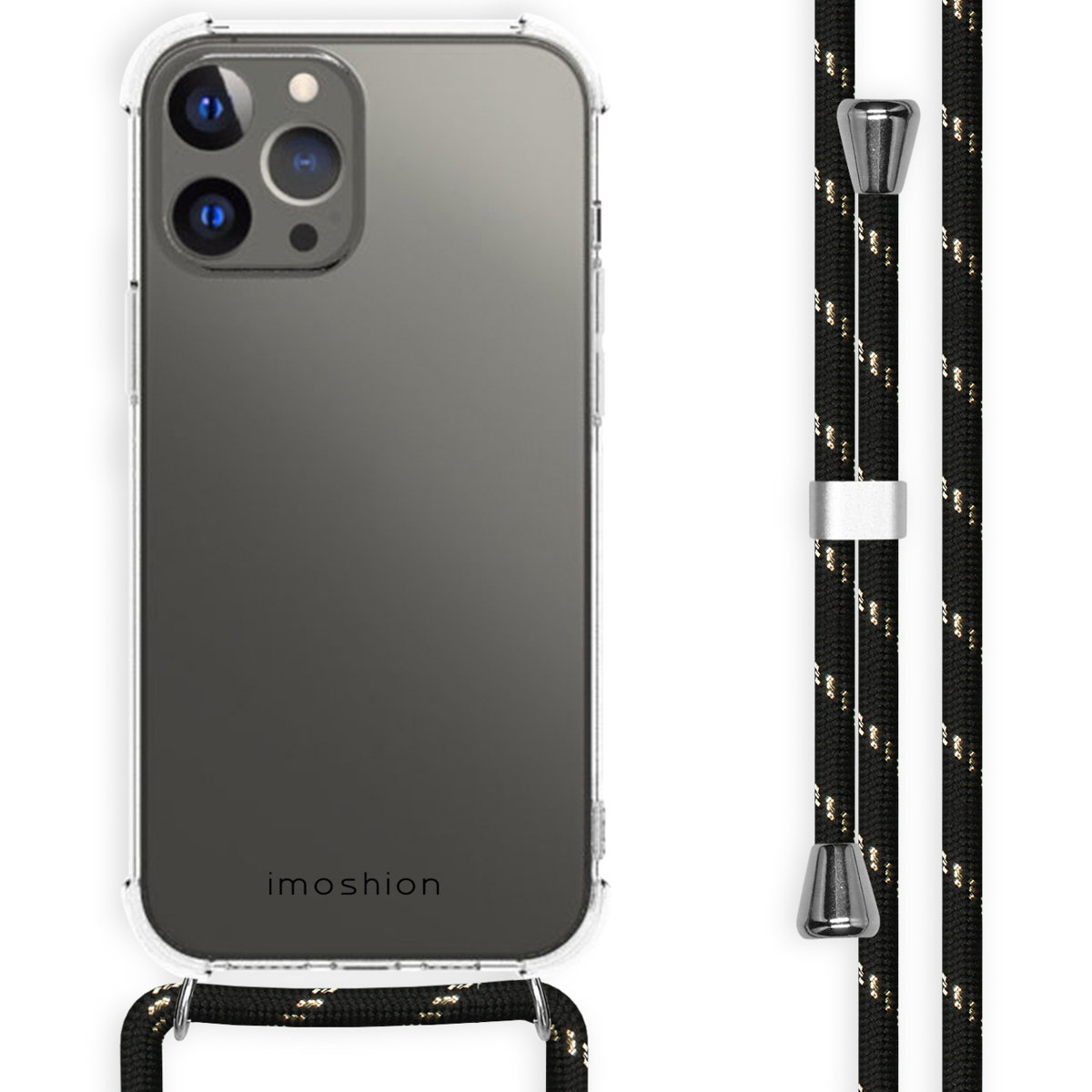 Een transparante telefoonhoes met een zwarte band die naar beneden hangt. De tekst op de hoes zegt: imoshion.