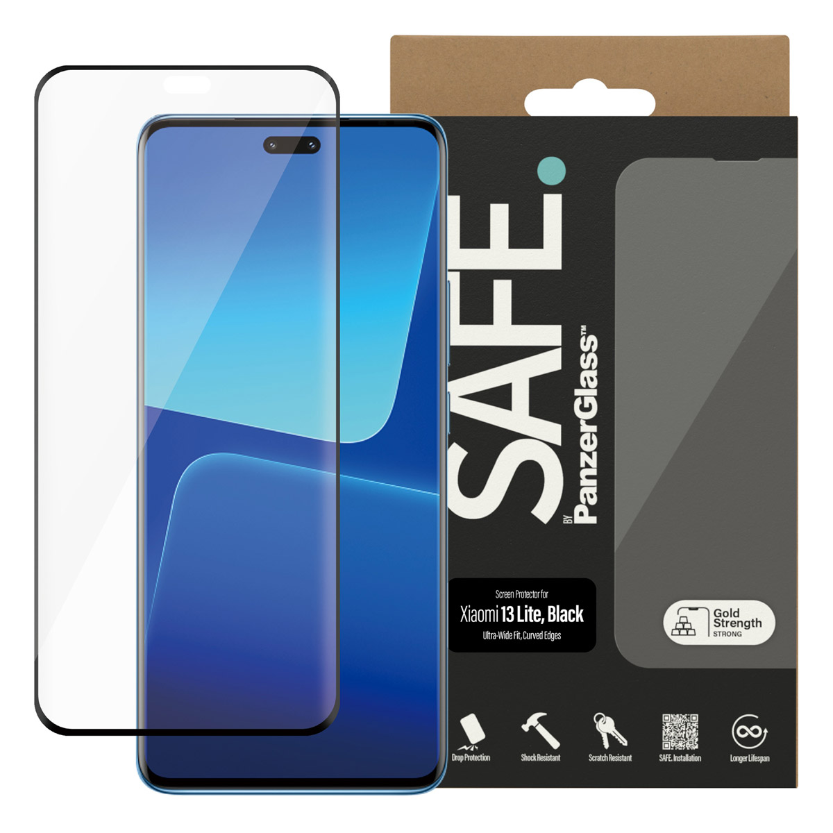 Una scatola di protezione dello schermo del telefono con un telefono e un proteggi schermo.