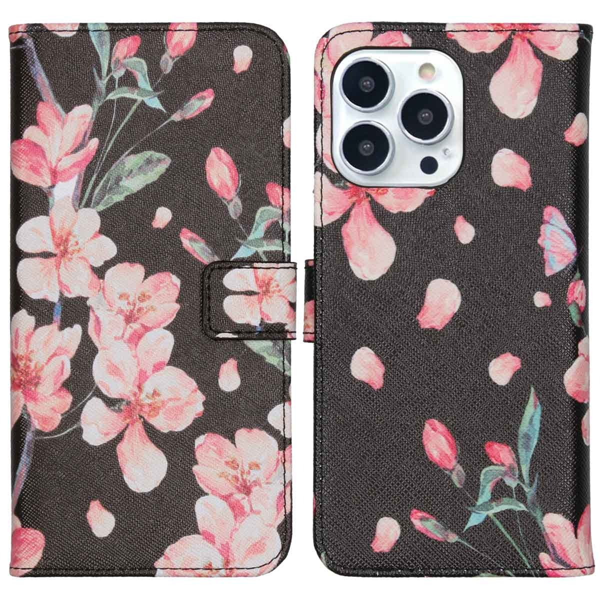 Coque de téléphone avec un motif floral. Elle est ouverte, révélant l'écran du téléphone. Le fond est sombre.