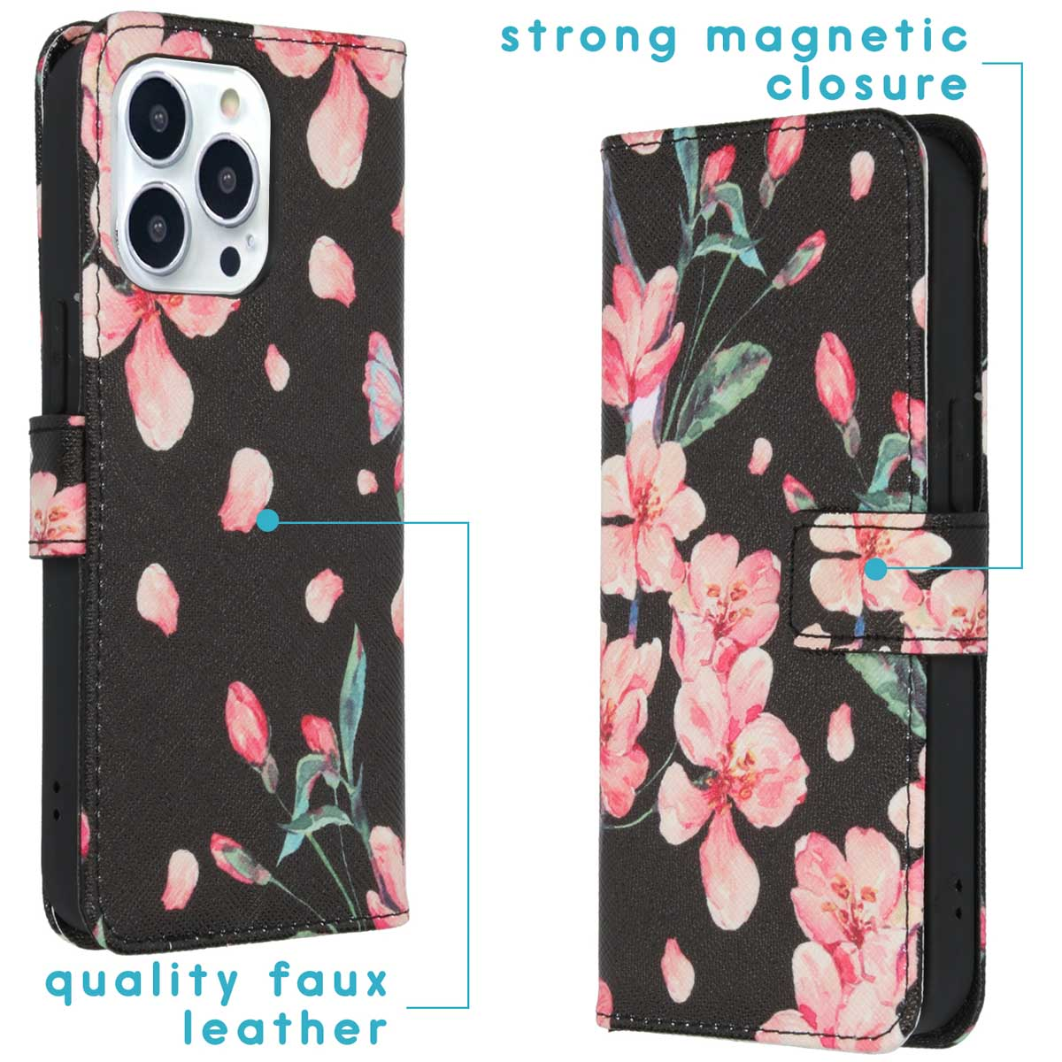 Étui de téléphone noir avec motif floral rose. Il a une fermeture magnétique et du similicuir.