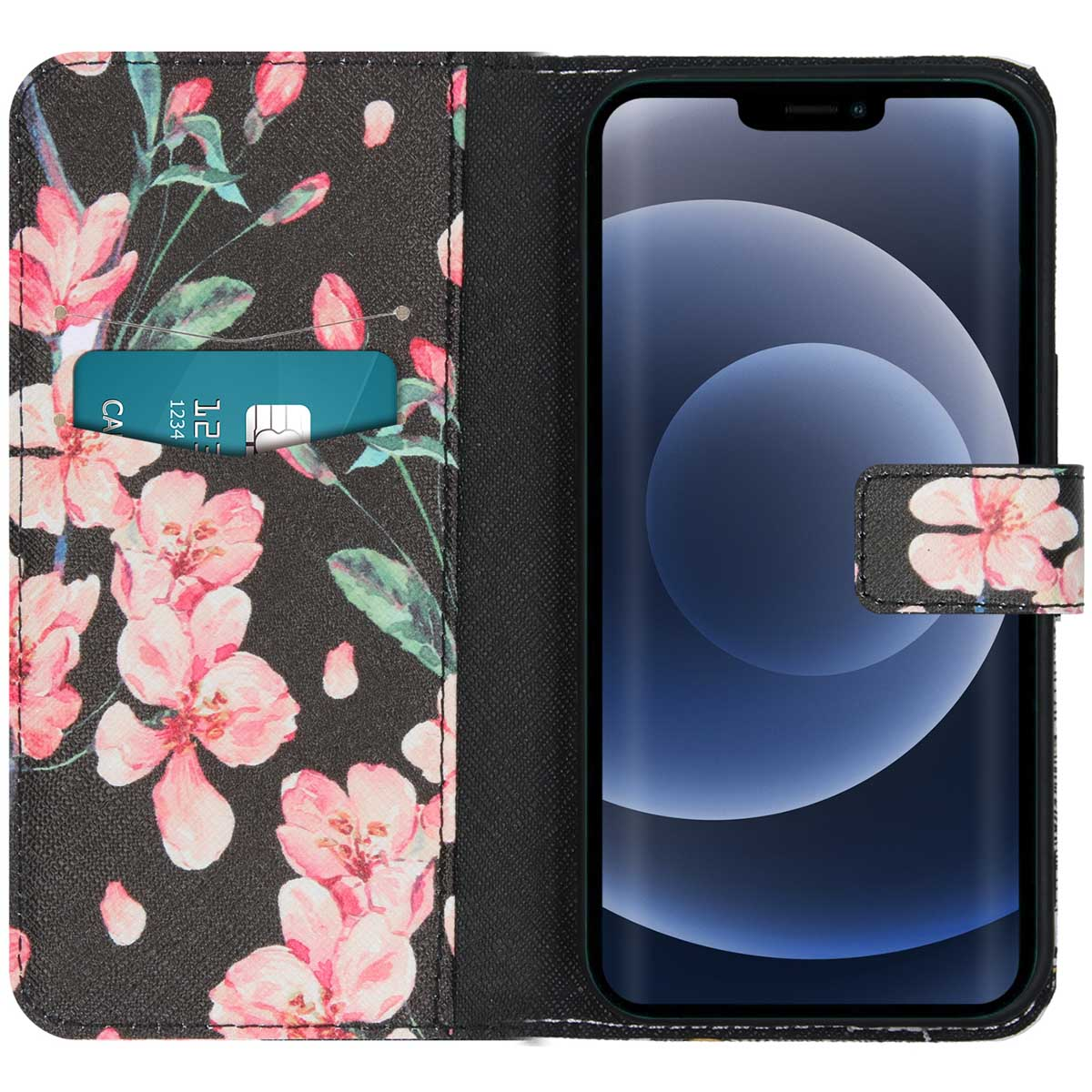 Étui de téléphone noir avec des fleurs roses sur fond noir. Un téléphone est dedans.