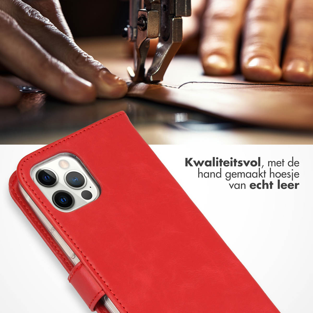 Rood leren telefoonhoesje wordt gemaakt. Een naaimachine is zichtbaar. Tekst zegt handgemaakt met echt leer.