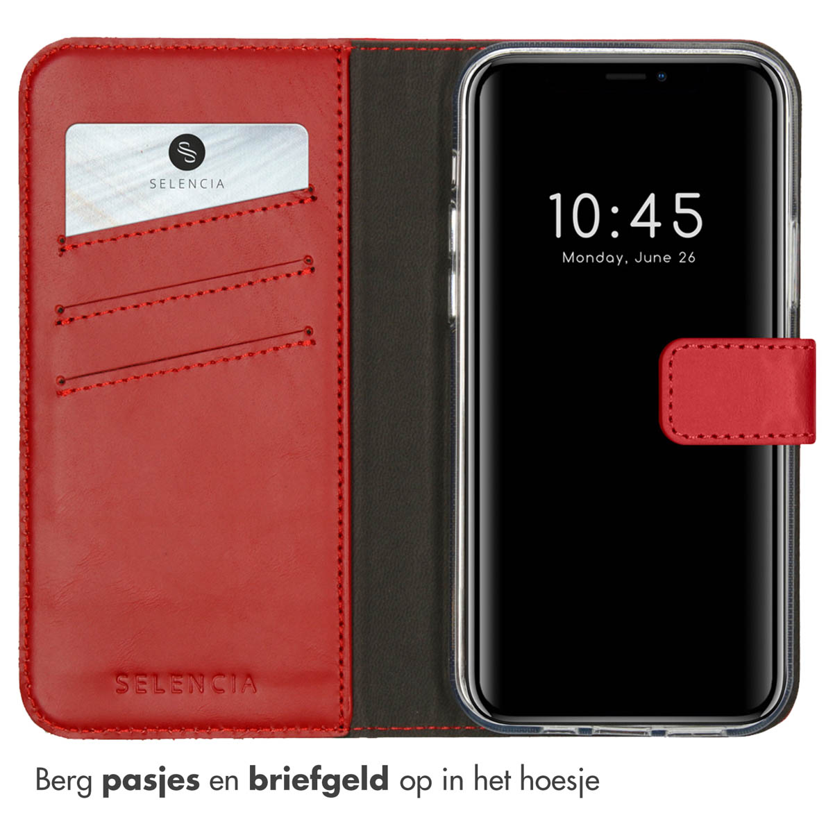 Rood leren telefoonhoesje met een telefoon erin. Toont tijd en datum, met kaartsleuven.