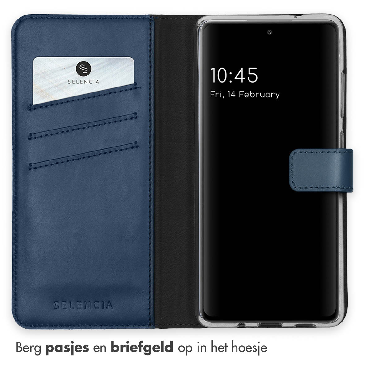 Étui de téléphone bleu ouvert avec téléphone et carte de crédit. Texte: Berg pasjes en briefgeld op in het hoesje.