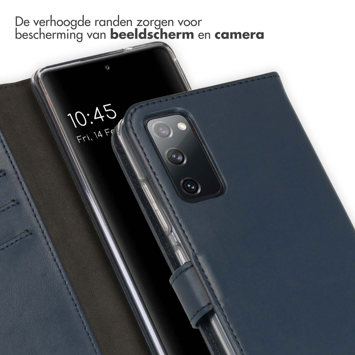 Coque de téléphone bleu marine avec un téléphone. Le téléphone affiche l'heure.