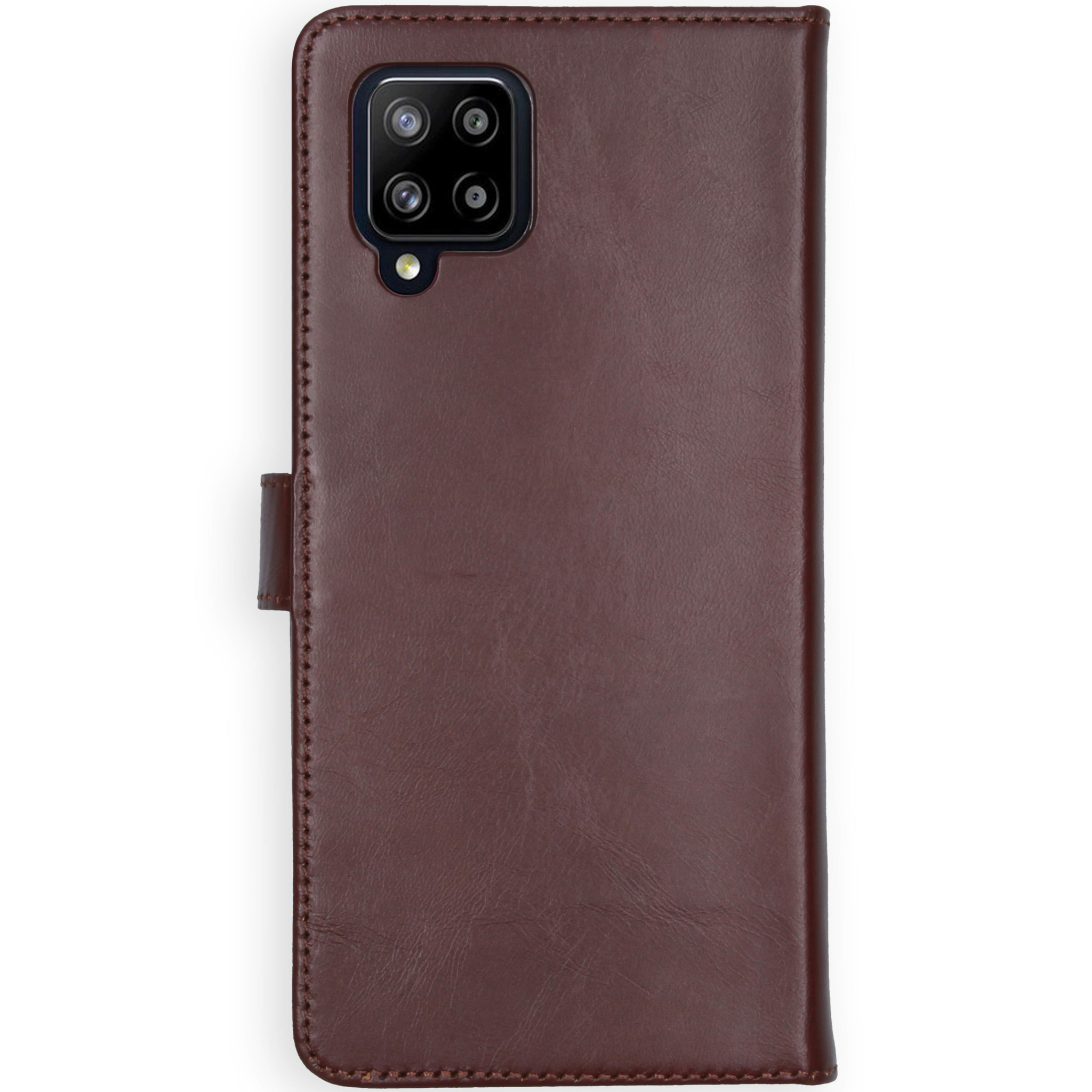 Étui de téléphone en cuir marron, ouvert. Le côté gauche a un rabat et une fermeture.