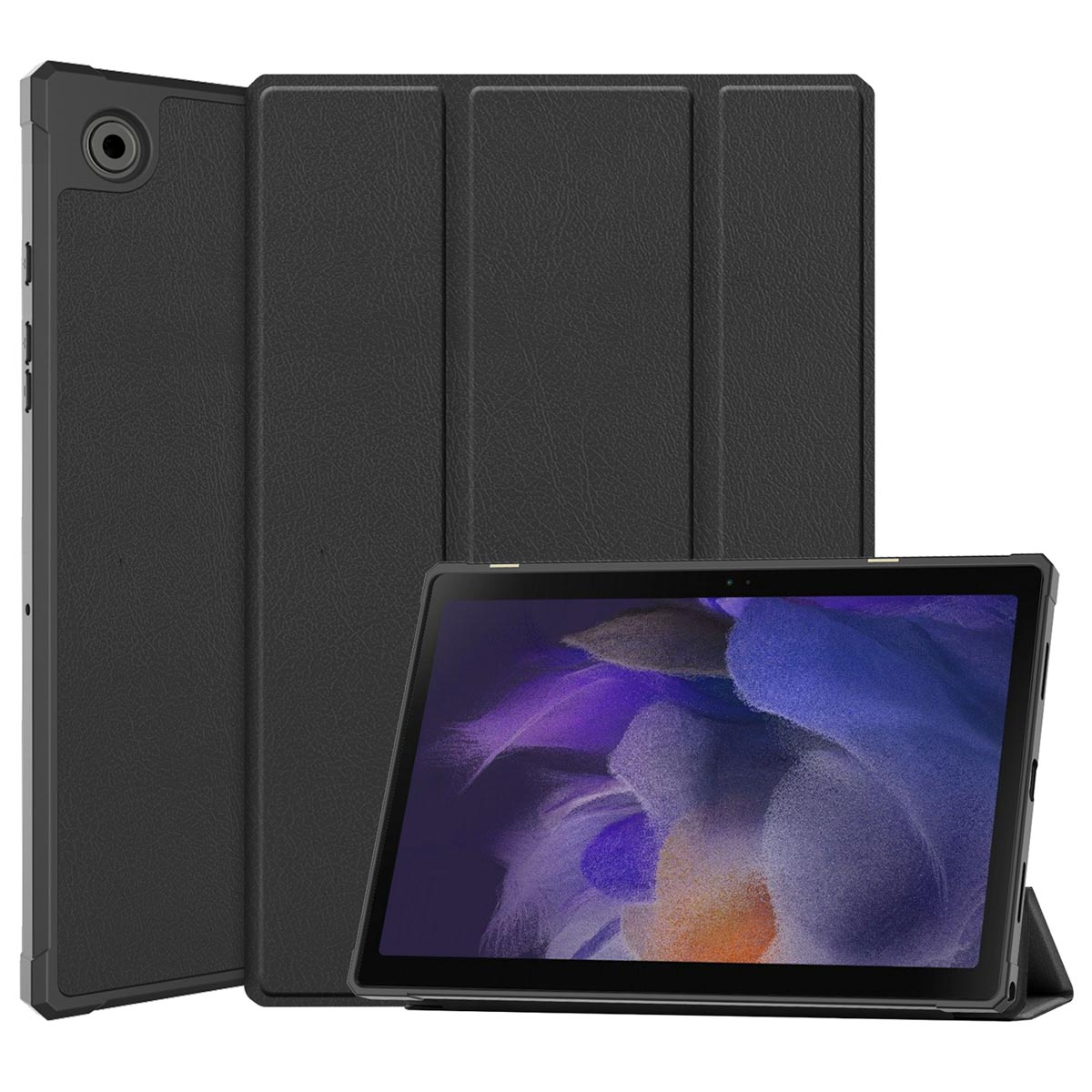 Étui de tablette noir. Tablette à l'intérieur de l'étui. Fond blanc.
