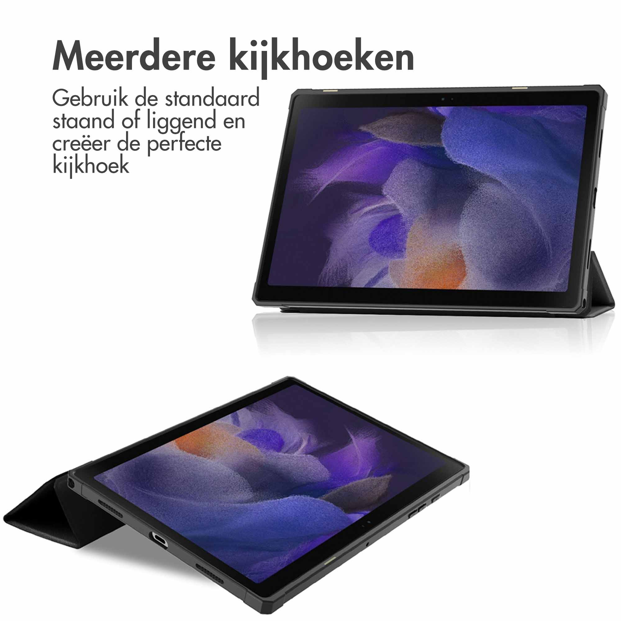 Tablette noire avec un étui ouvert. Elle a un écran noir et l'étui est en arrière-plan.