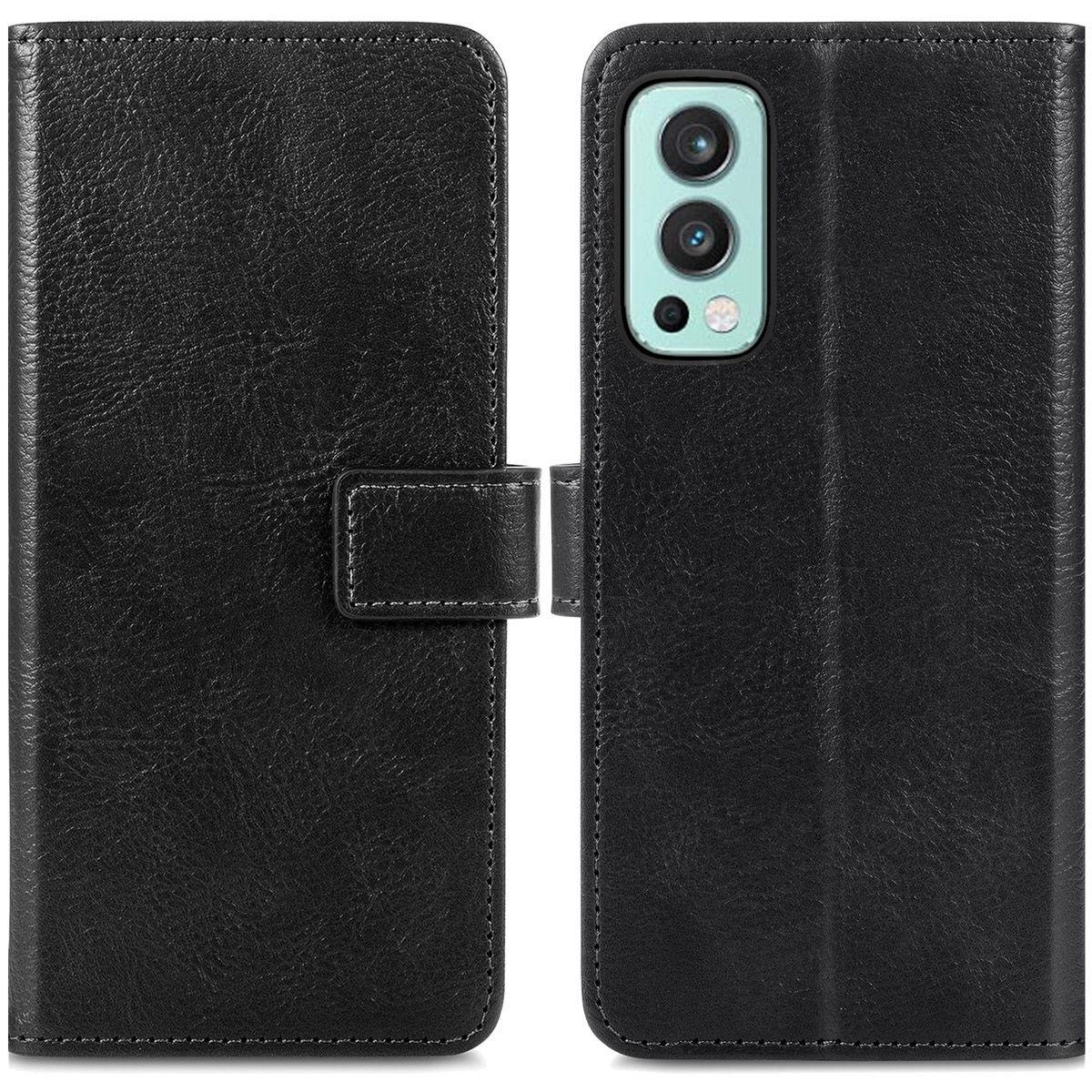 Coque de téléphone noire avec téléphone à l'intérieur. Triple caméra et bouton visibles. Coque fermée.