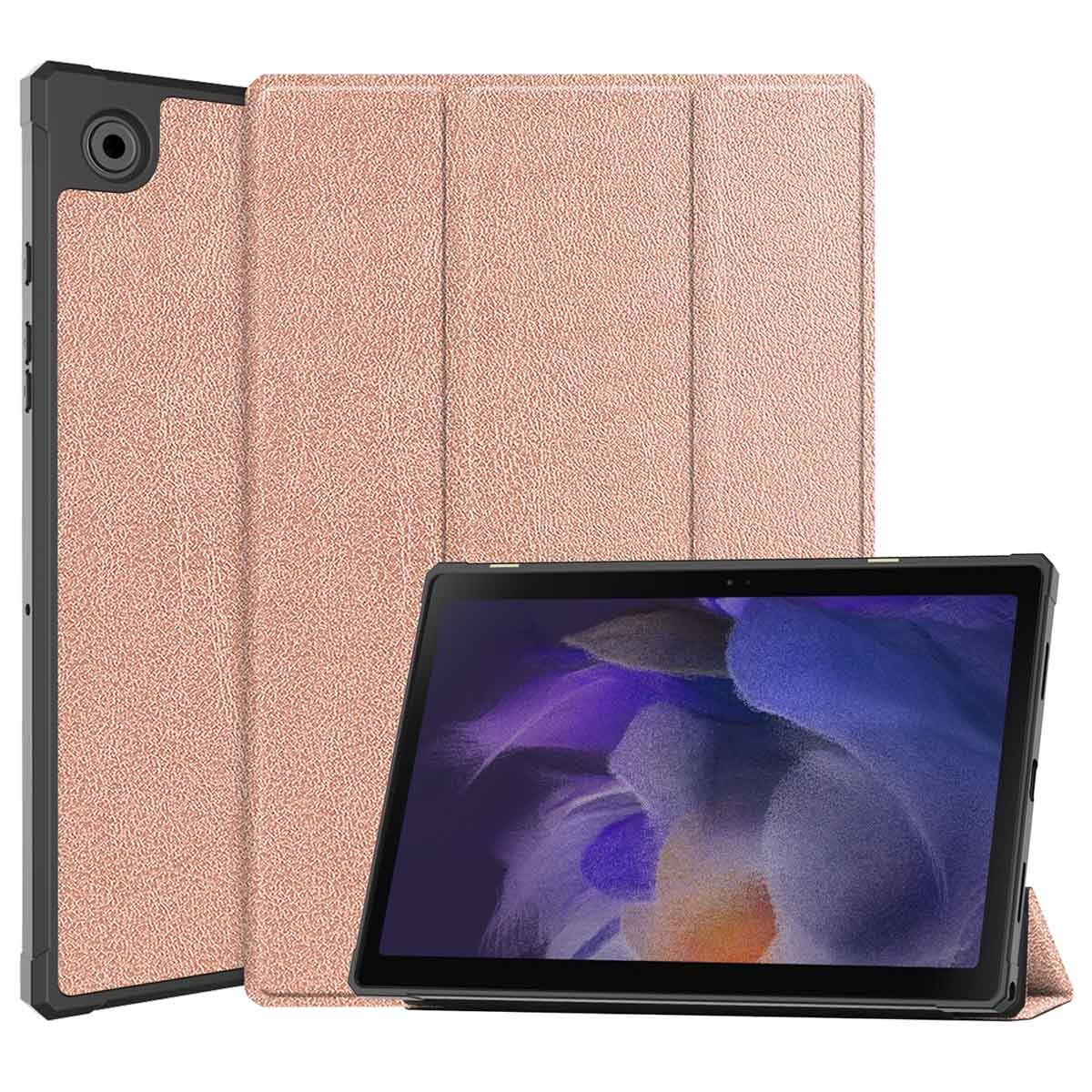 Étui de tablette rose avec une tablette à l'intérieur.