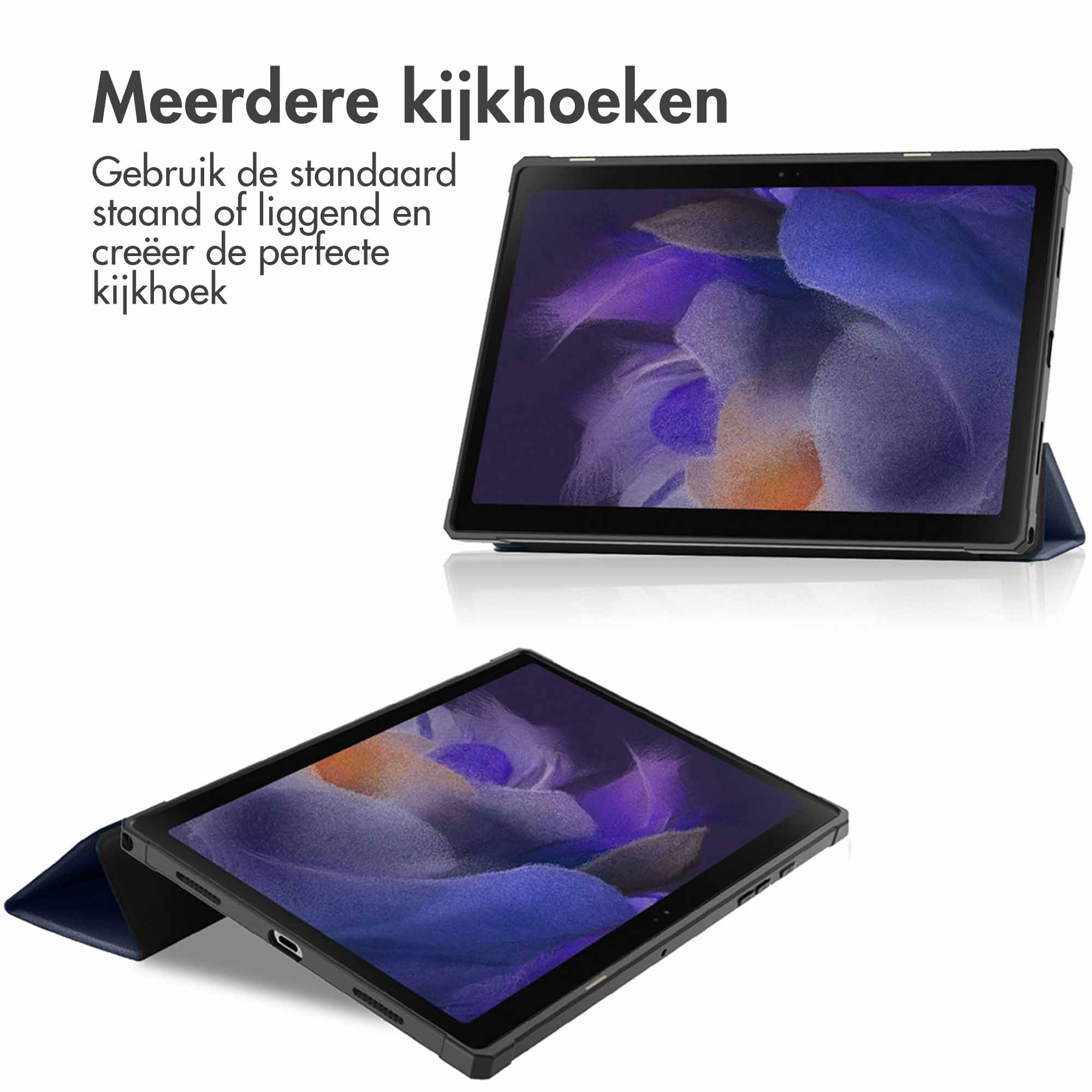 Tablette dans un étui, ouverte et soutenue. Texte en néerlandais. L'écran affiche une image abstraite colorée.