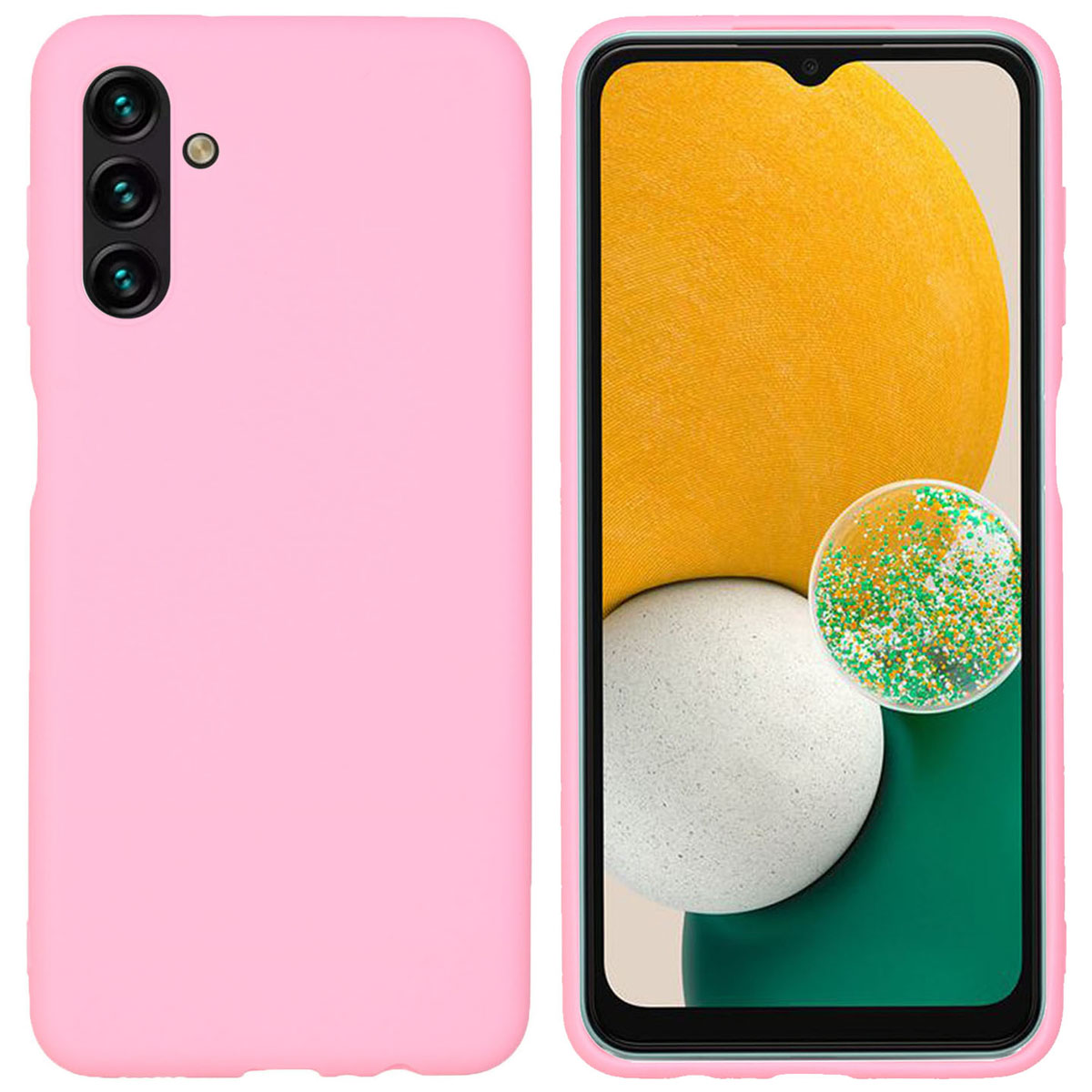 Roze telefoonhoes met telefoon erin. Gele en witte achtergrond.