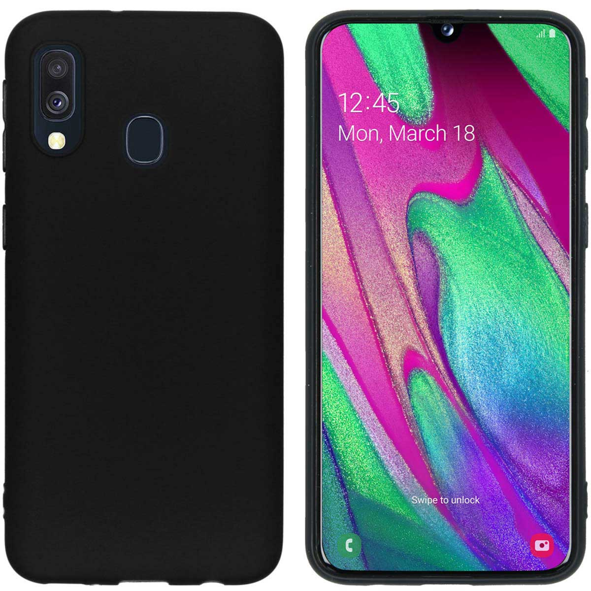 Coque de téléphone noire et téléphone. Le téléphone a une coque noire. L'écran affiche la date et l'heure.