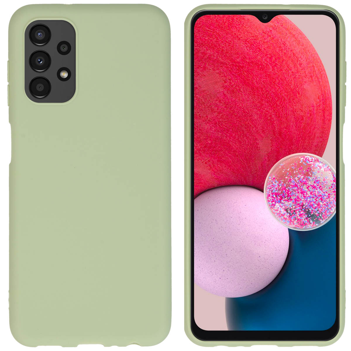 Telefoonhoesje, een groene cover en het telefoonscherm met een kleurrijke afbeelding.
