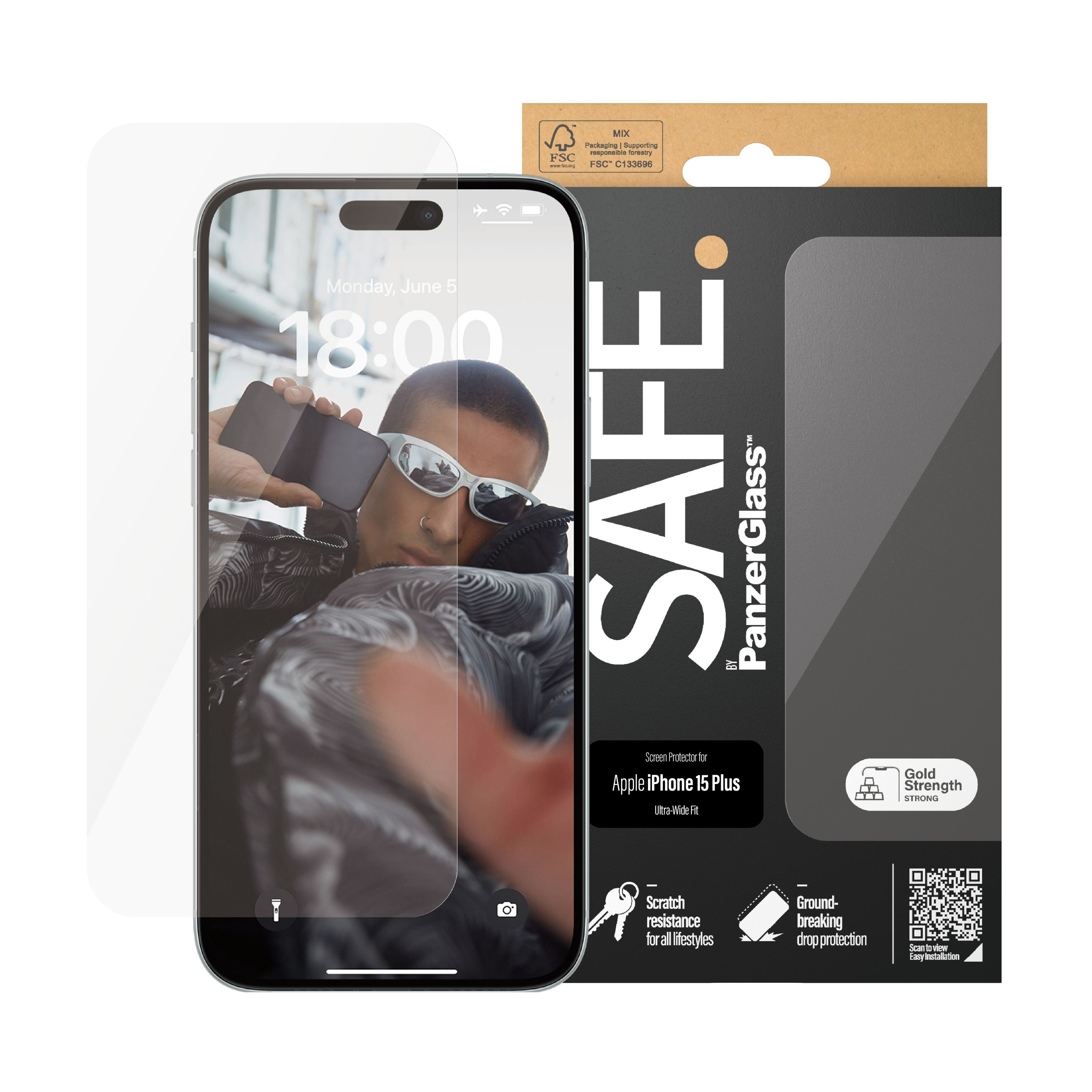 iPhone mit Displayschutz und Verpackung. Der Displayschutz und die Box sind mit safe und Panzerglas beschriftet.