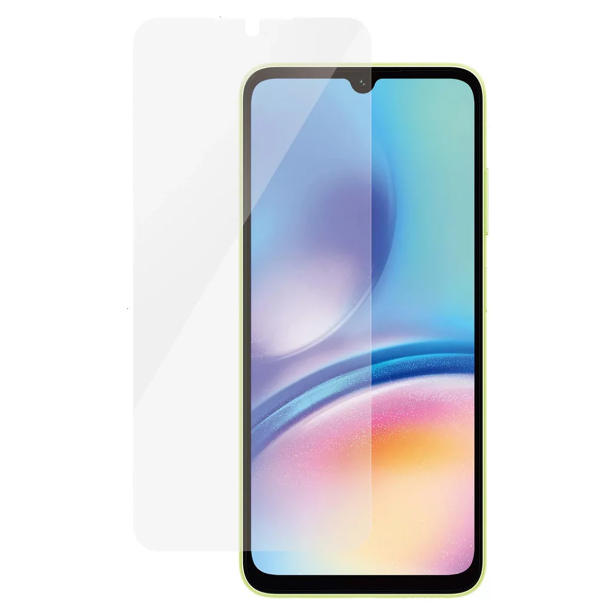 Telefon képernyővédővel. A telefon zöld. A képernyővédő átlátszó és fel van helyezve.