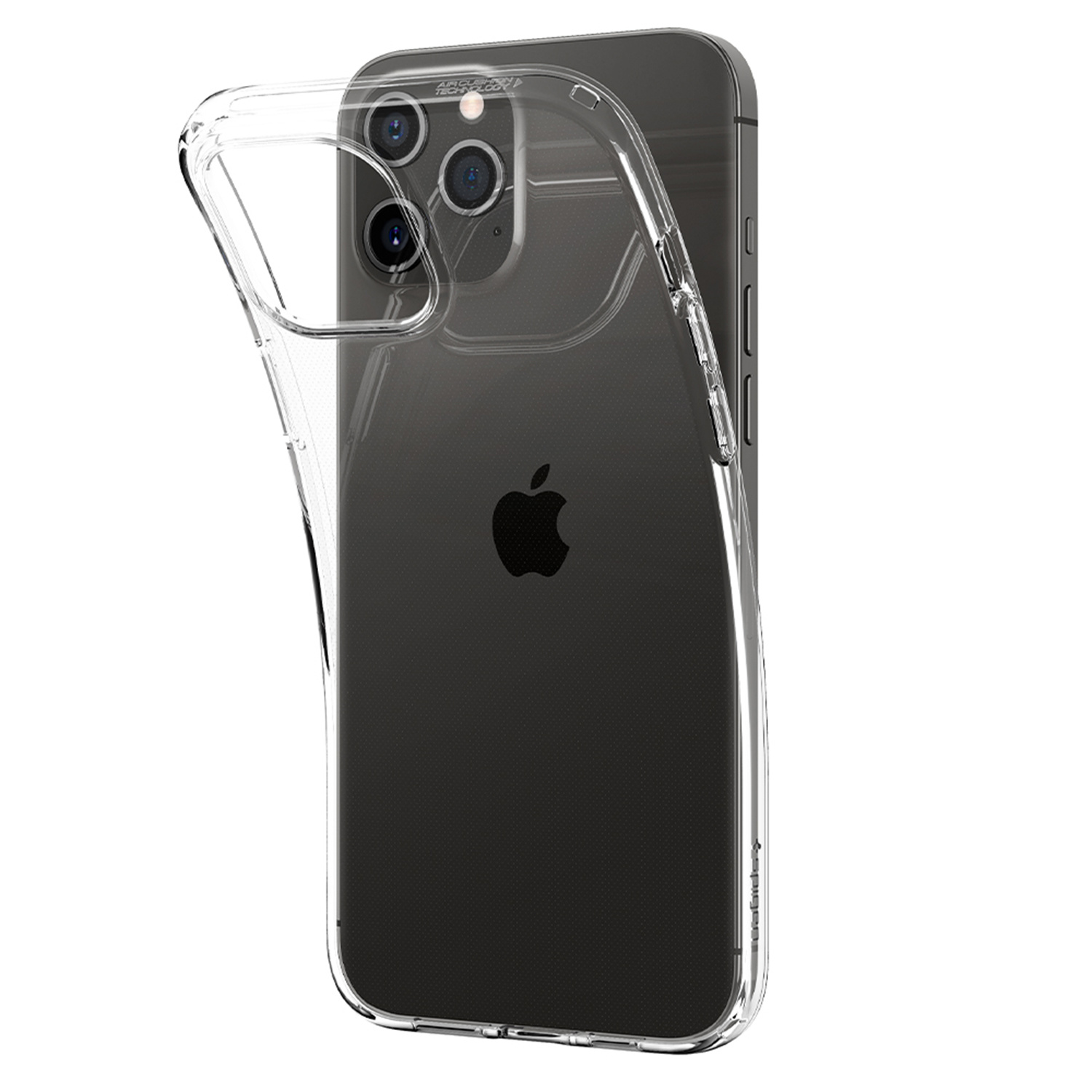 Przezroczyste etui na telefon na czarnym telefonie z logo Apple.