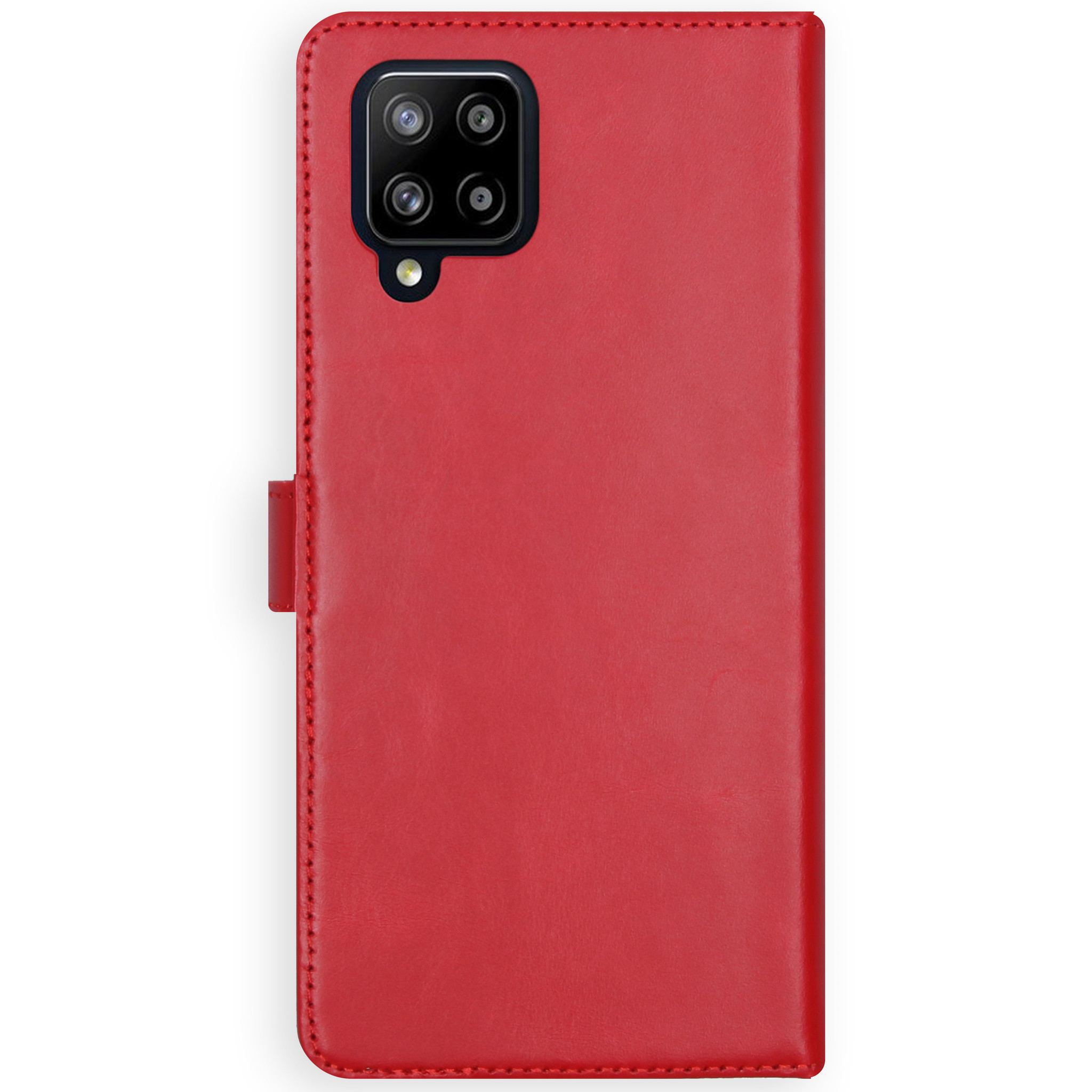 Étui de téléphone rouge avec le téléphone à l'intérieur, fermé. Le téléphone a une caméra. L'étui est de couleur rouge uni.