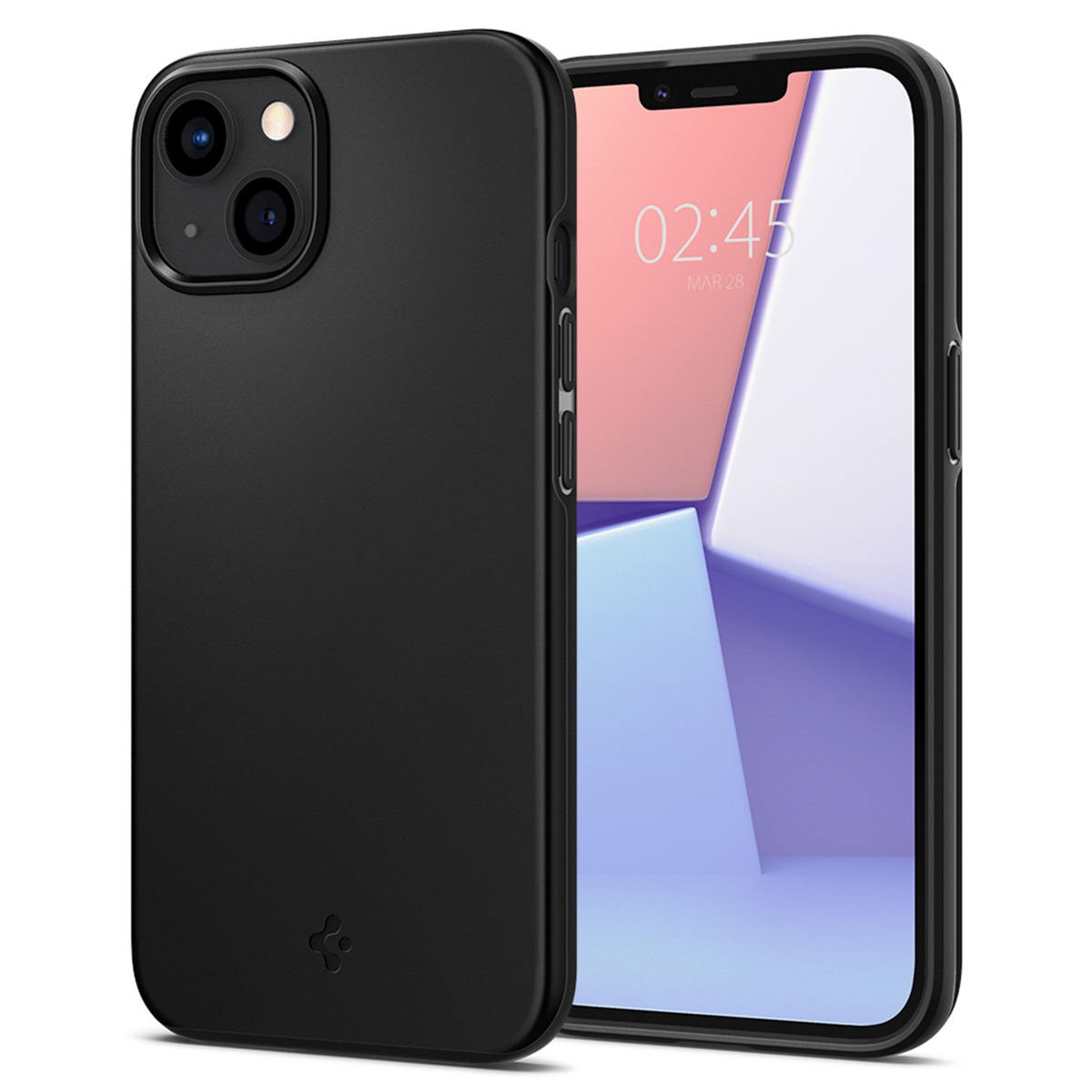 Coque et téléphone noirs. Le téléphone affiche l'heure. Fond blanc et violet.
