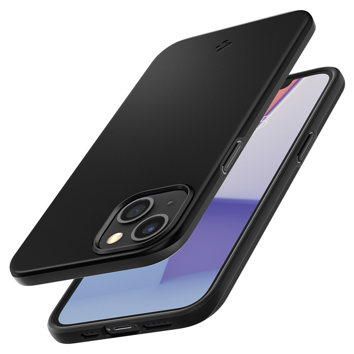 Coque et téléphone noirs. Le téléphone affiche l'heure. Fond blanc et violet.