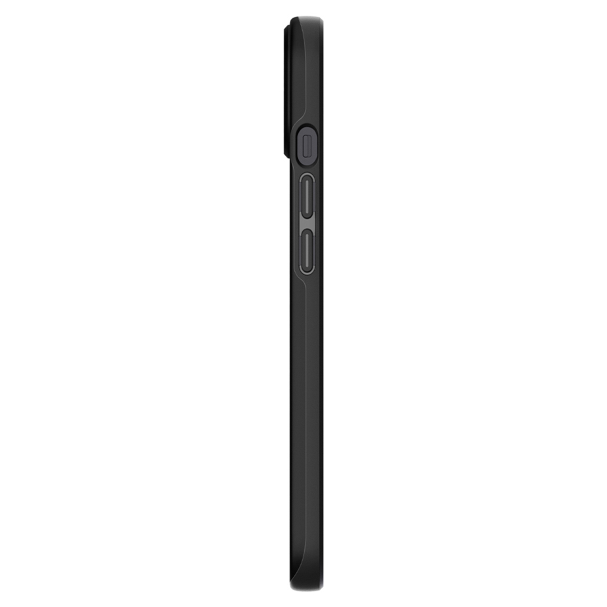 Vue latérale d'un étui de téléphone noir. Montre les boutons latéraux et la caméra. Fond blanc.