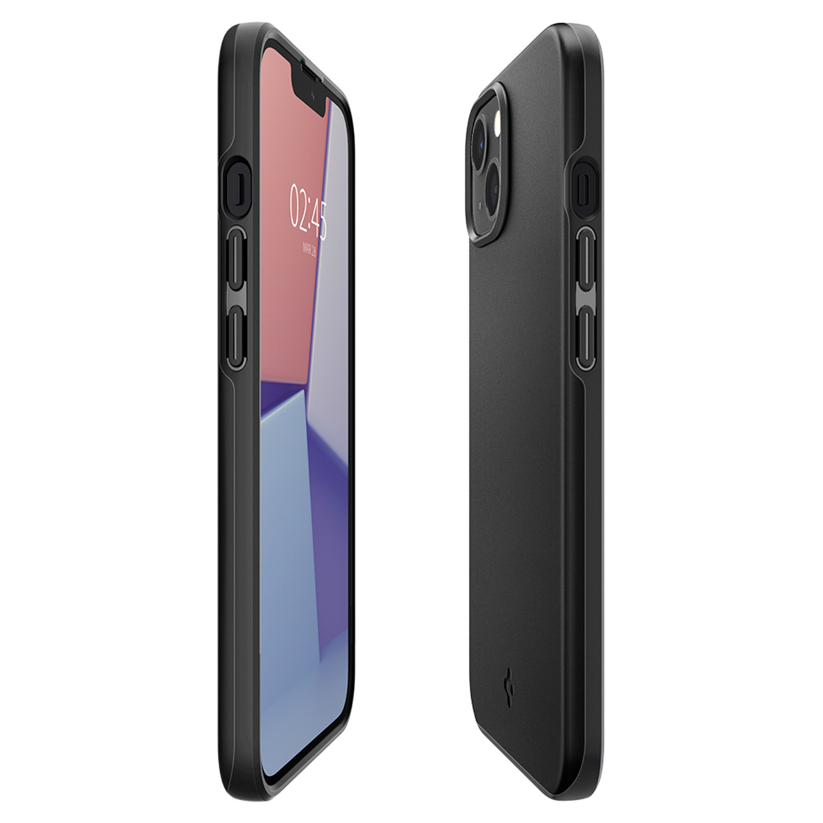 Coque et téléphone noirs dans une vue côte à côte. Montre les boutons latéraux et la caméra. Fond blanc.
