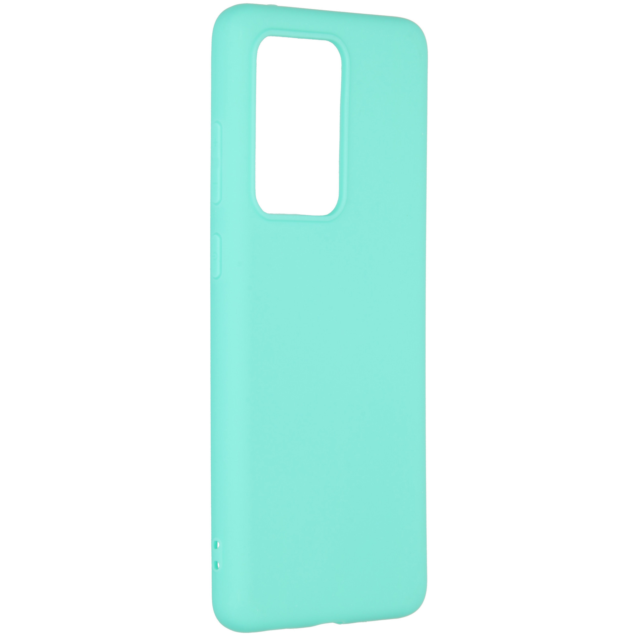 Coque de téléphone vert menthe. Elle a des découpes pour la caméra et les boutons.