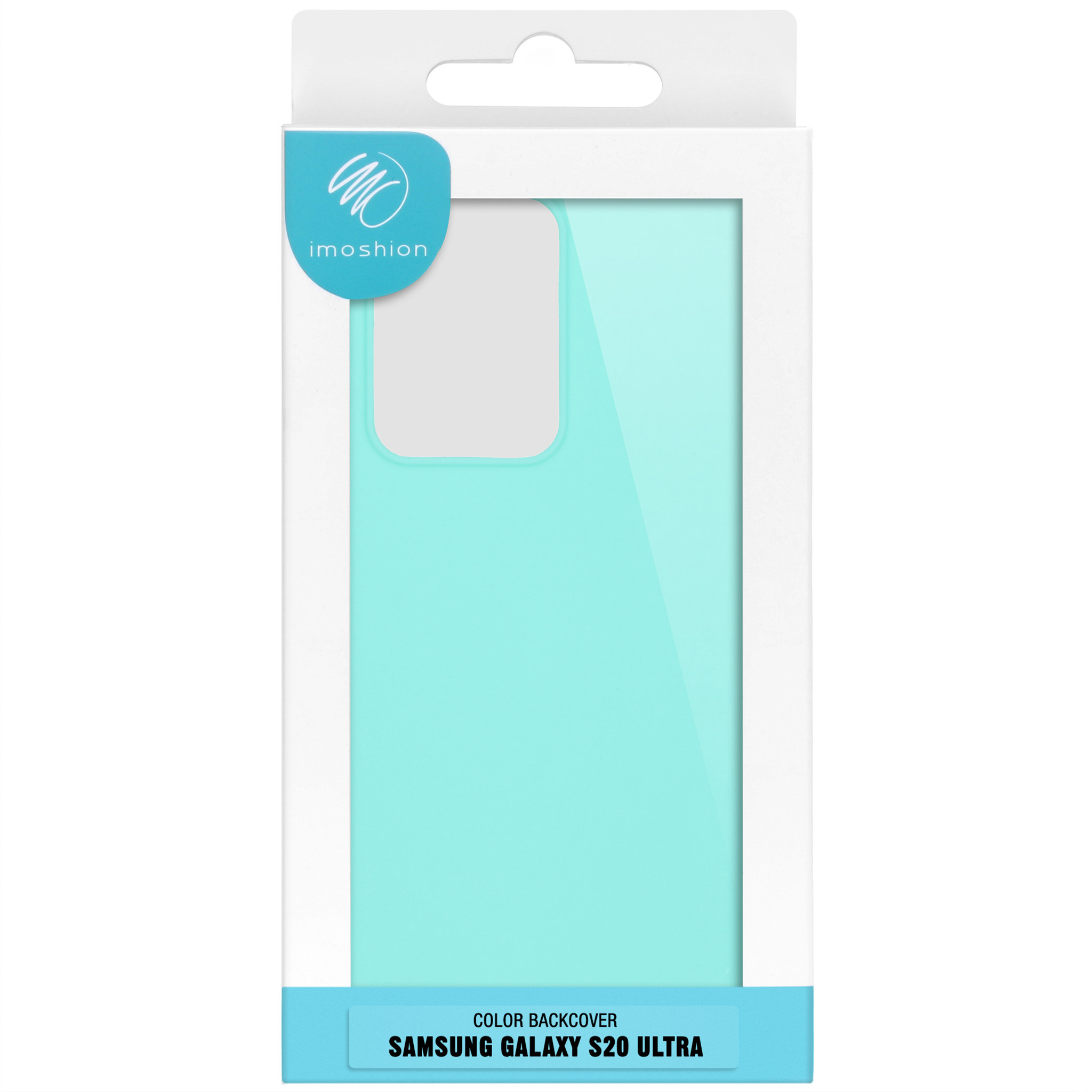 Un étui de téléphone turquoise dans une boîte blanche. La boîte a un logo et du texte sur le téléphone.