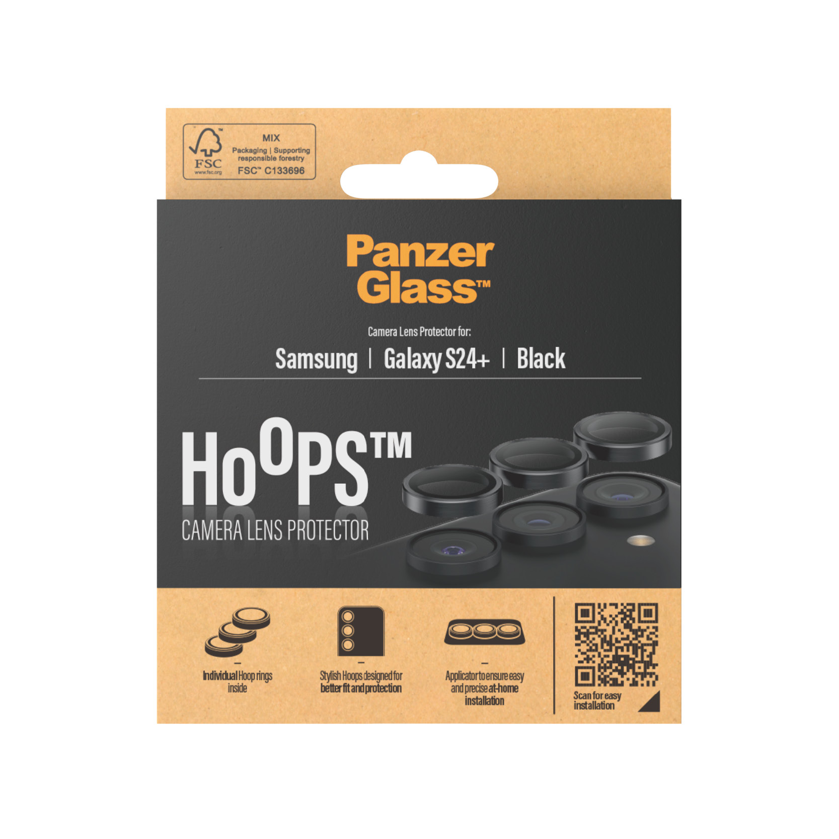 Scatola con protezione schermo PanzerGlass per un Samsung Galaxy S24+. Contiene protezioni per lenti della fotocamera.