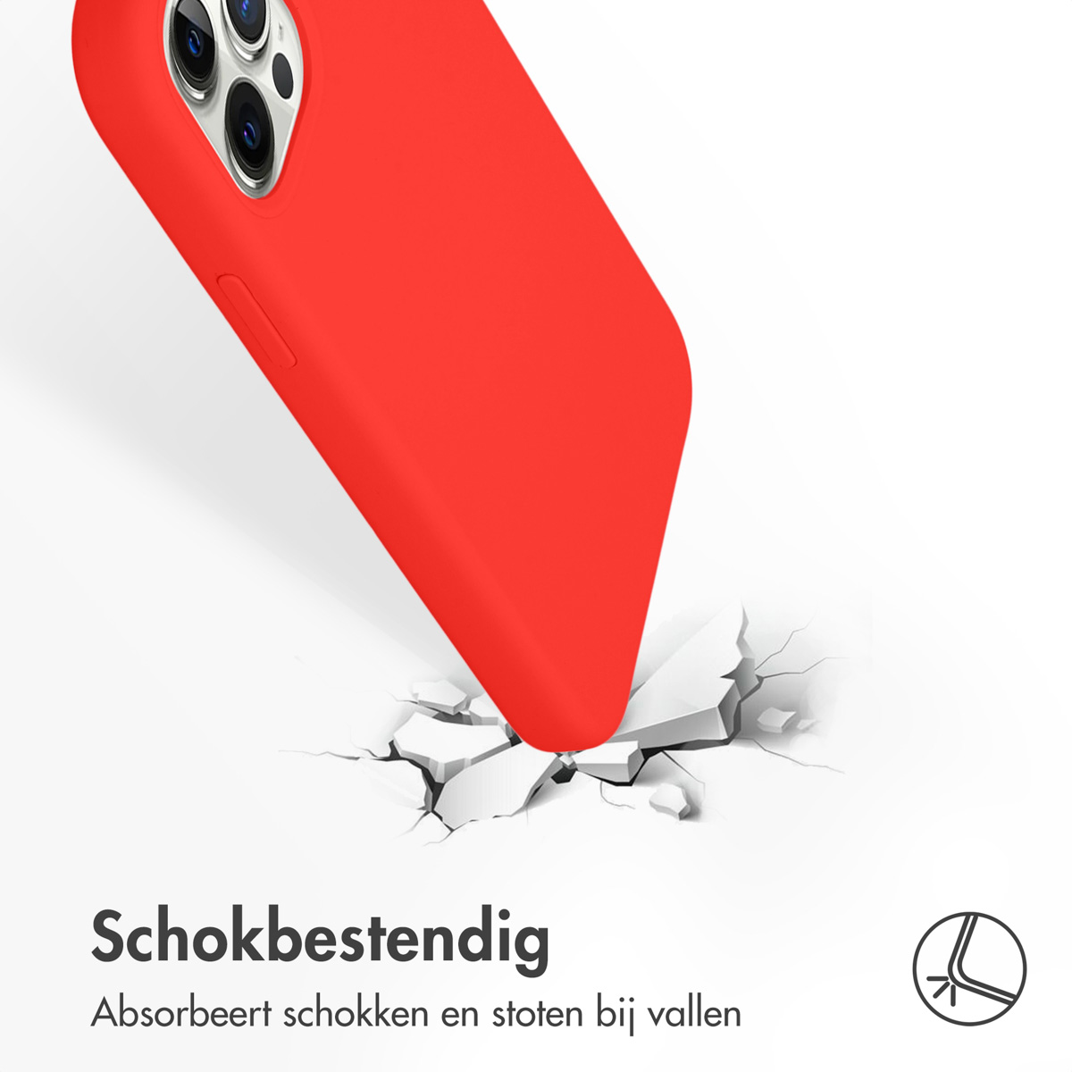 Eine rote Handyhülle. Die Handyhülle wird fallen gelassen und Risse erscheinen am Boden.
