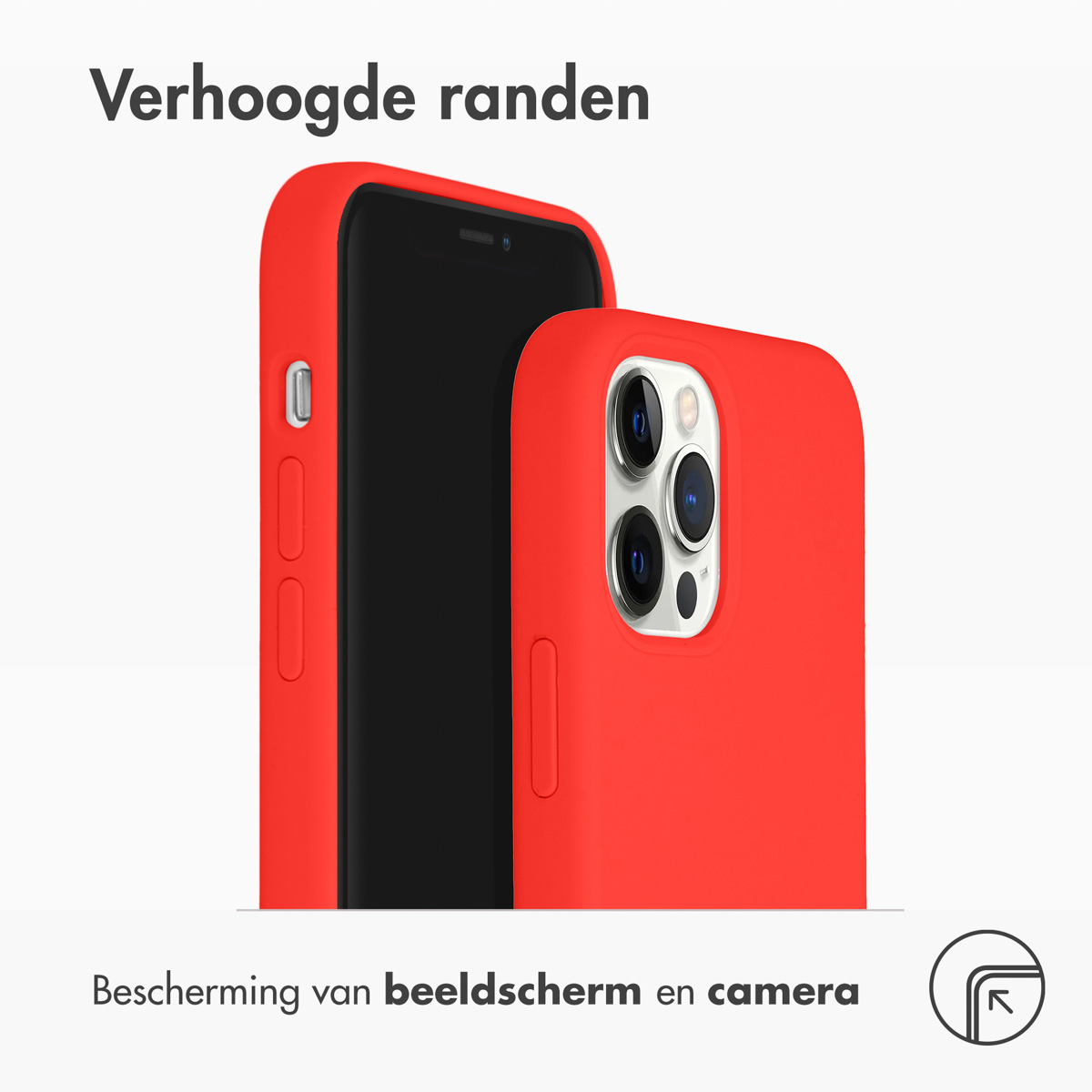 Zwei rote Handyhüllen. Eine Hülle bedeckt ein Telefon. Text zeigt Bildschirm- und Kameraschutz an.