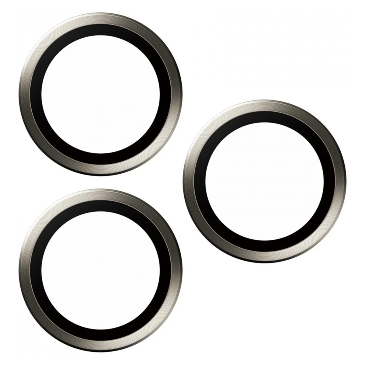 Three silver camera lens protectors, circular with black borders, on white background.