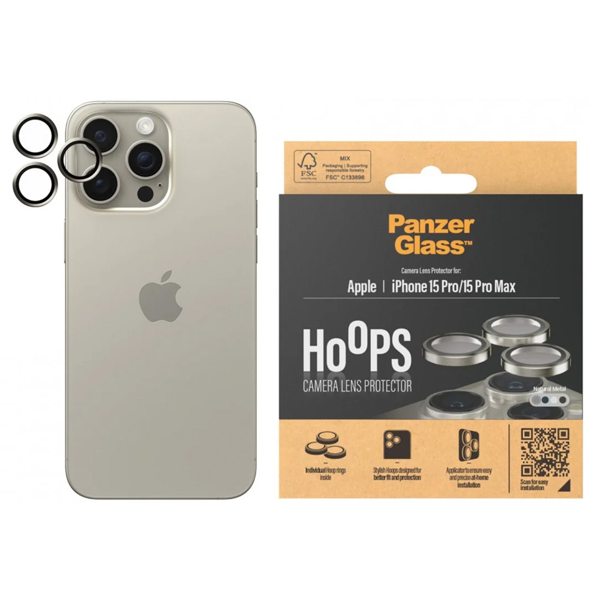 A phone and camera lens protectors in a box. The box has text on it.