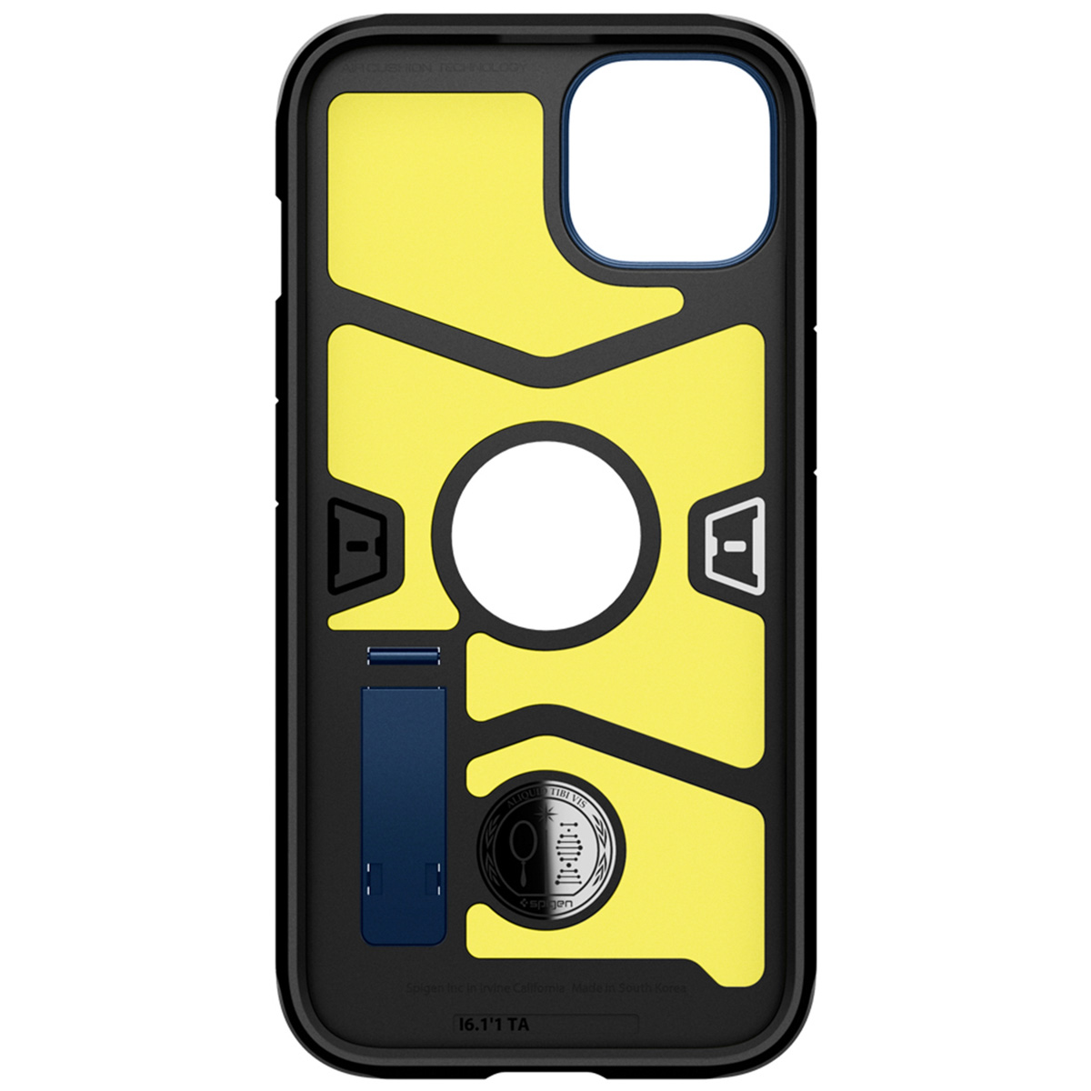 Handyhülle mit gelb-schwarzem Design. Das Telefon ist nicht in der Hülle. Schwarzer Rahmen und Rückseite.