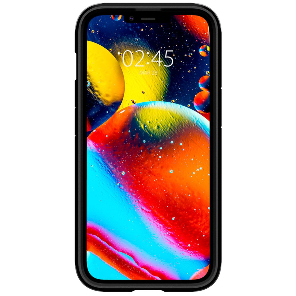 Telefon mit einem Bildschirm, der ein farbenfrohes abstraktes Bild anzeigt. Schwarzes Gehäuse, weißer Hintergrund.