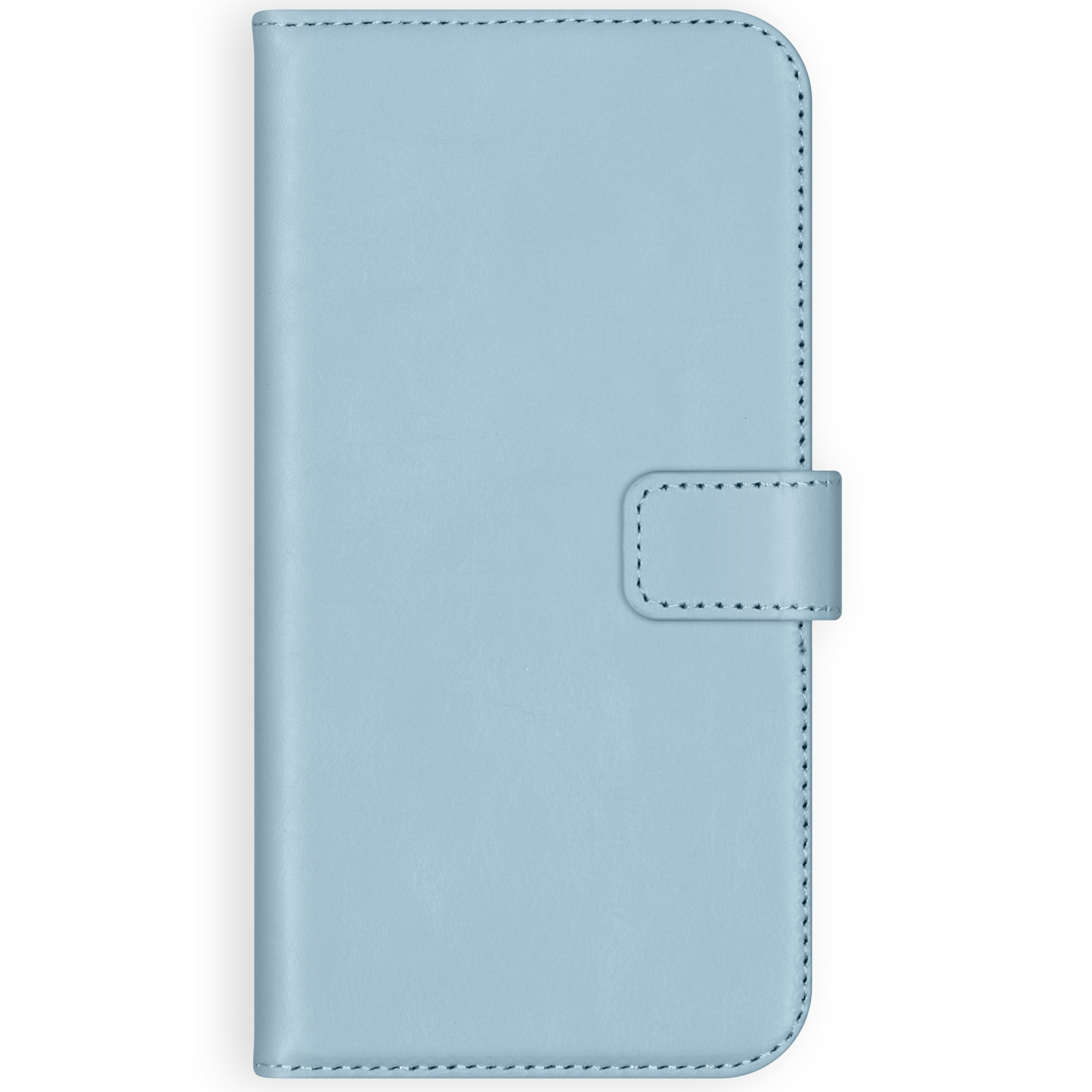 Coque de téléphone bleu clair avec fermeture magnétique. L'étui est fermé et présente des détails de couture.
