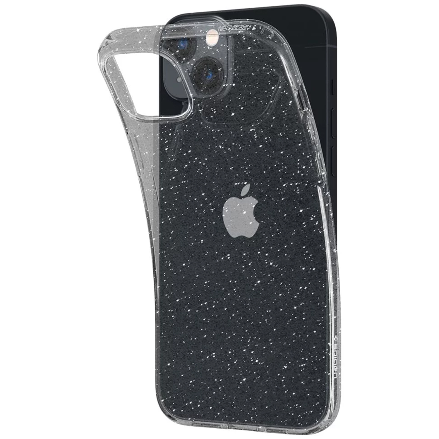 Una custodia trasparente per telefono su un telefono nero. La custodia ha glitter bianchi.