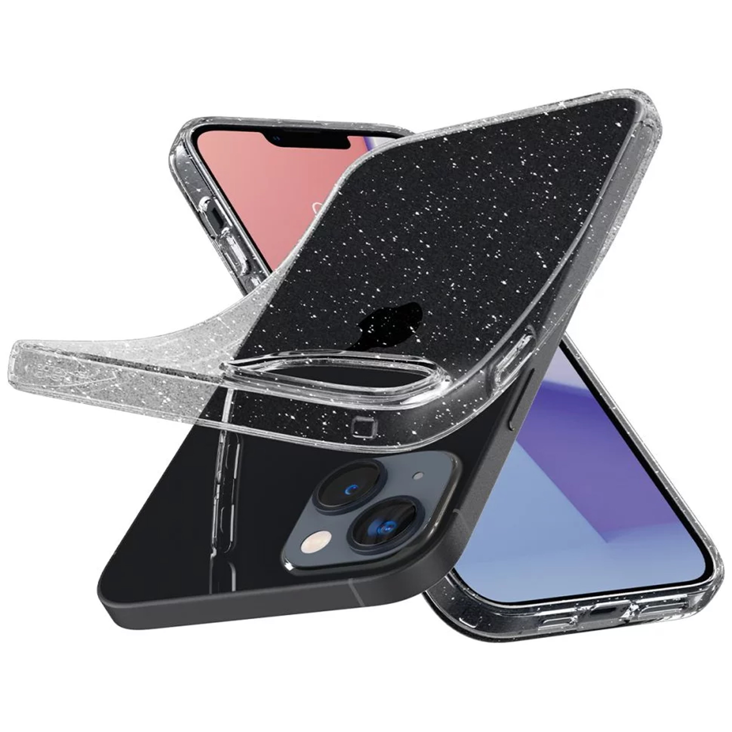 Due telefoni, uno in una custodia trasparente e scintillante, l'altro senza. Mostra la fotocamera.