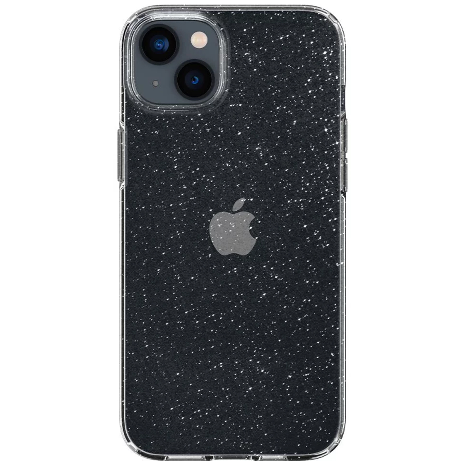 Custodia per telefono nera con glitter, che mostra il logo Apple. La custodia è su una superficie bianca e ha un bordo trasparente.