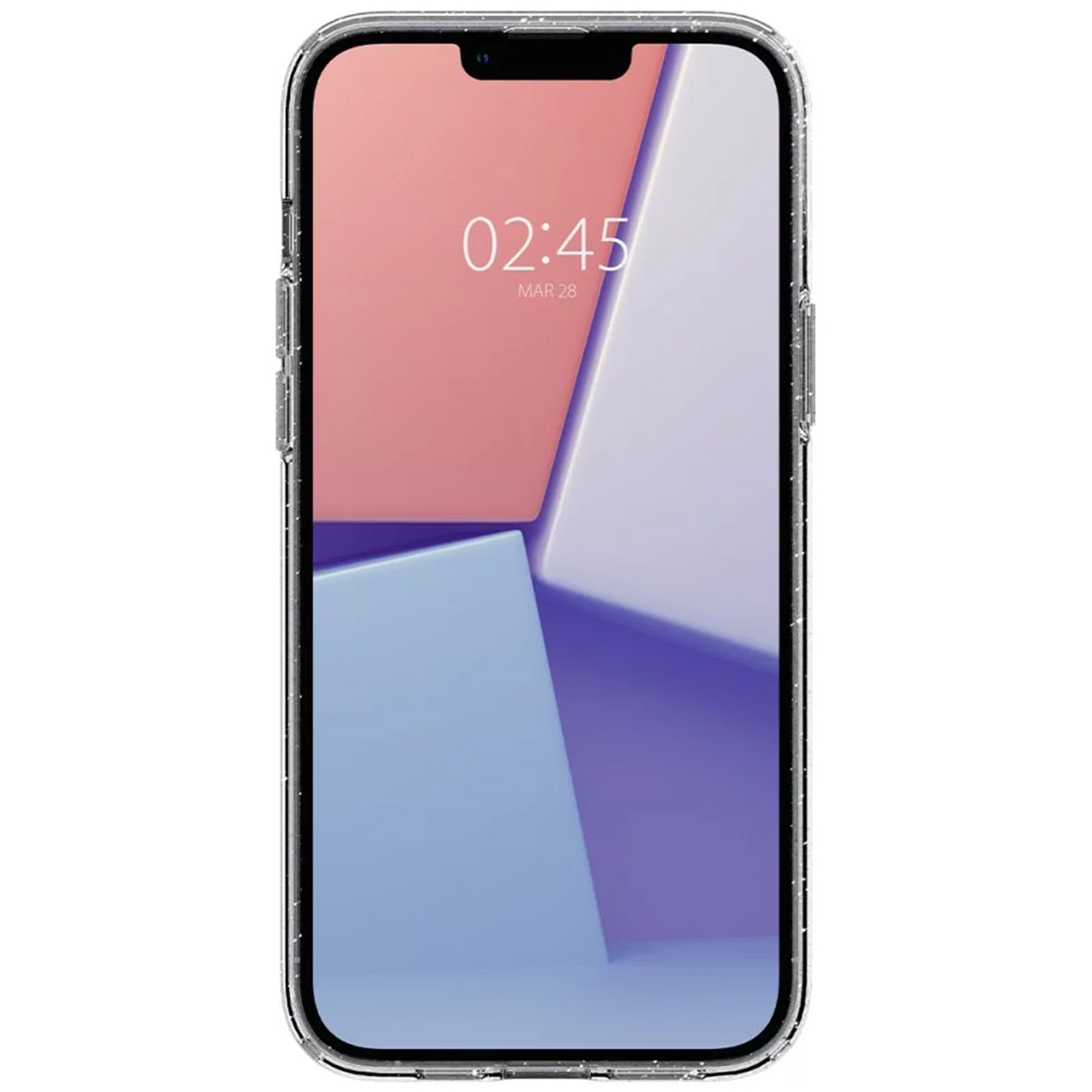 Un telefono con una custodia trasparente, che mostra uno sfondo rosa e blu sullo schermo.