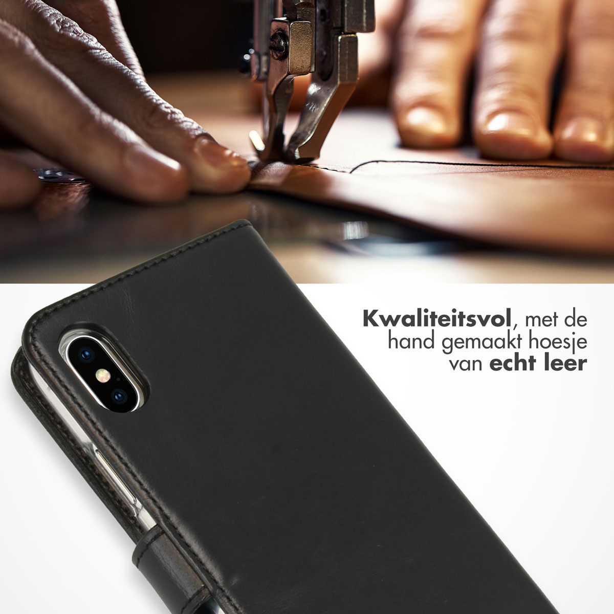 Una persona cuce la pelle con una macchina. Una custodia per telefono in pelle nera in primo piano.
