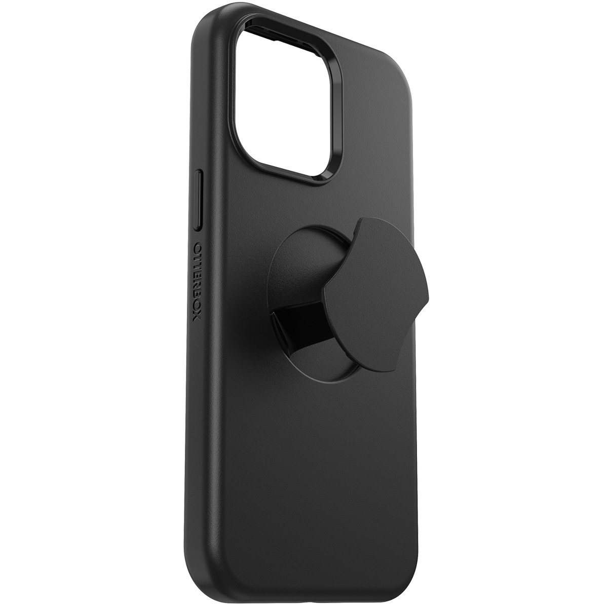 Coque de téléphone noire avec une poignée pop-out circulaire noire au dos.